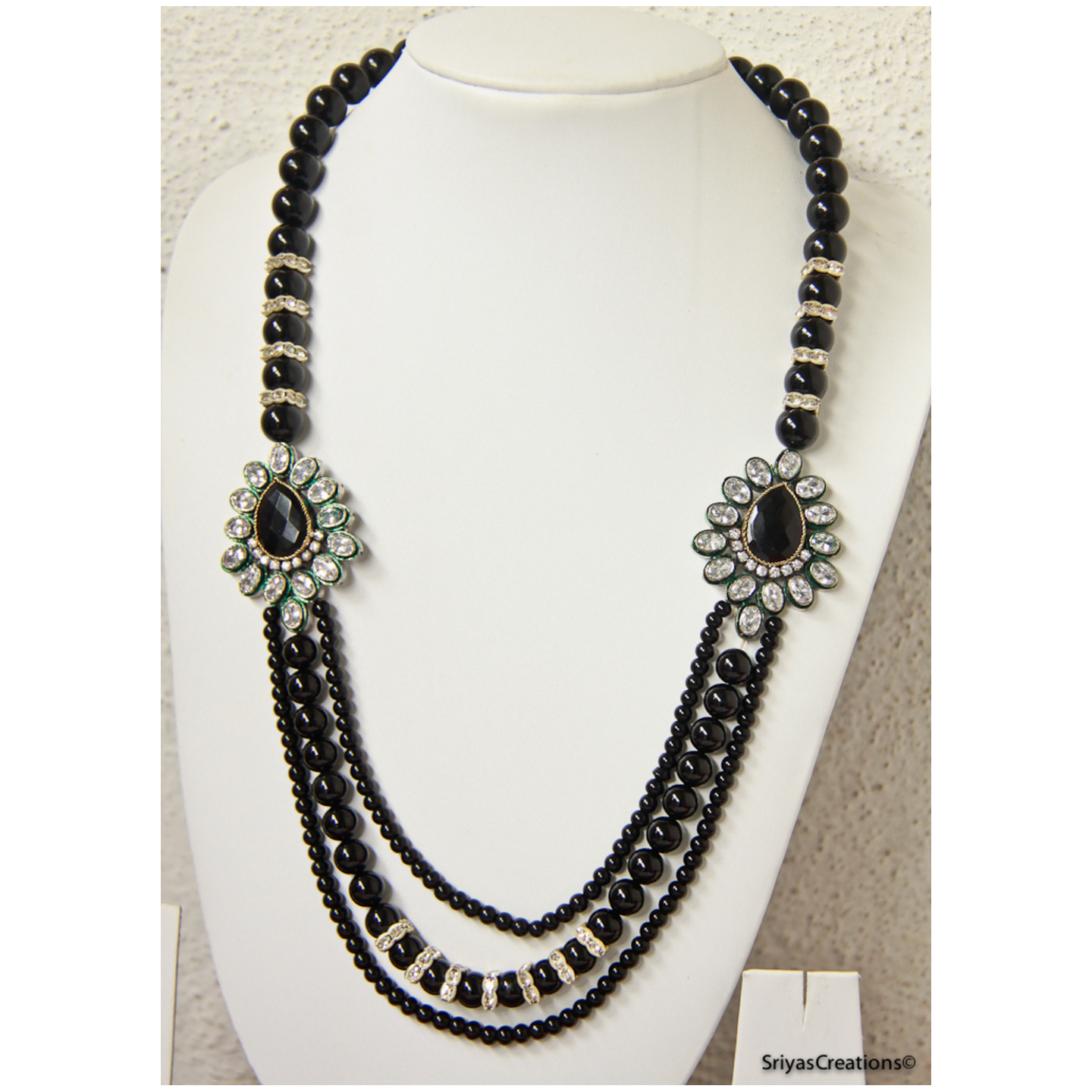 Black Stone Studded Moppu Three Layer Necklace Set
