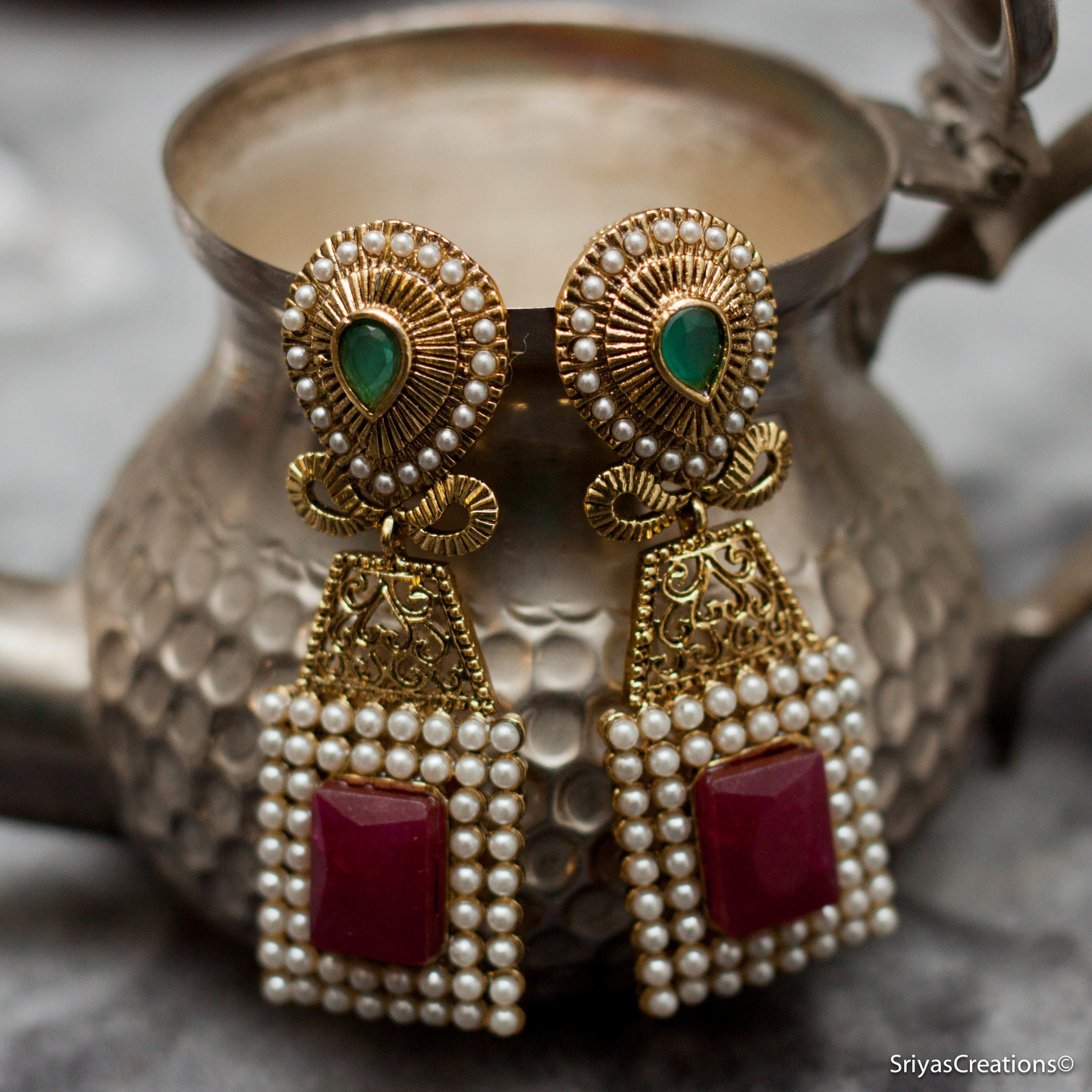 Multi Drop Pearl Studded Rectangle