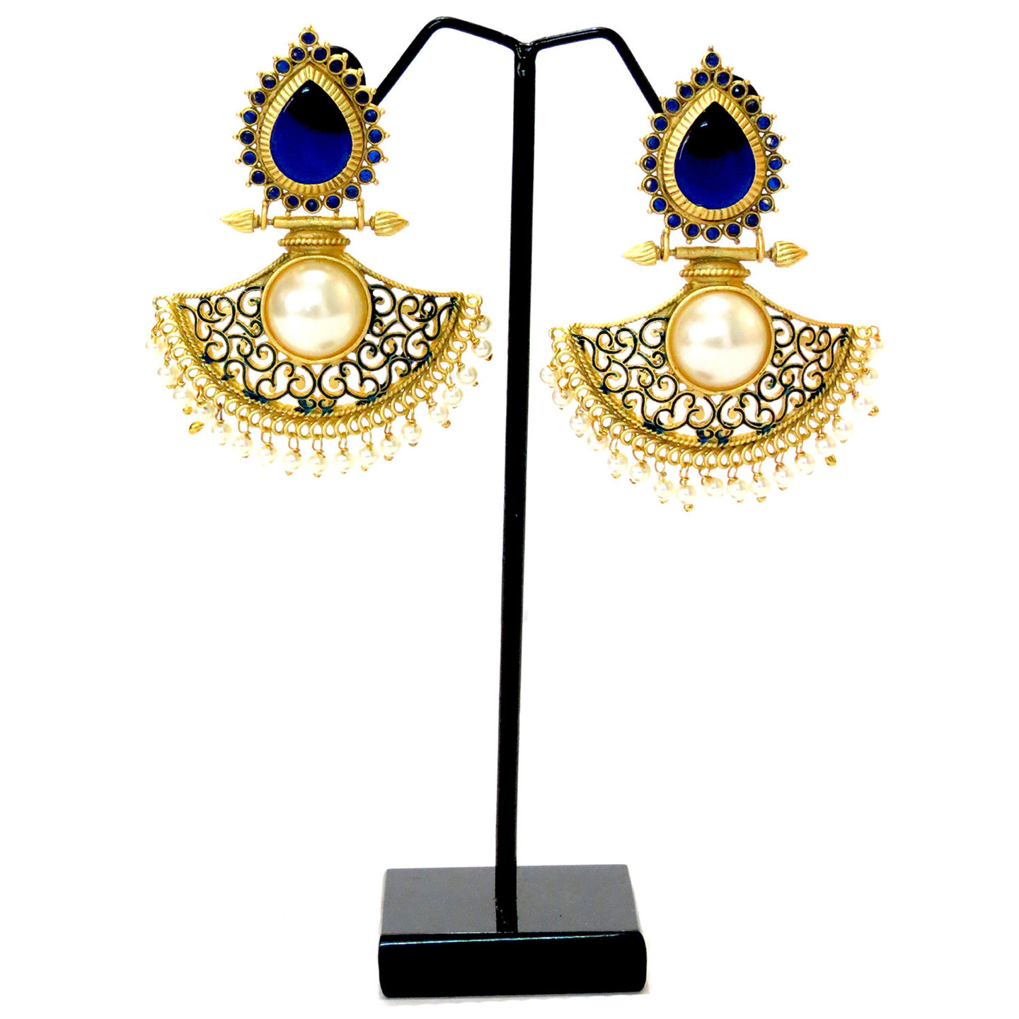 Fan Drop Enamel Filigree  Earrings - Blue