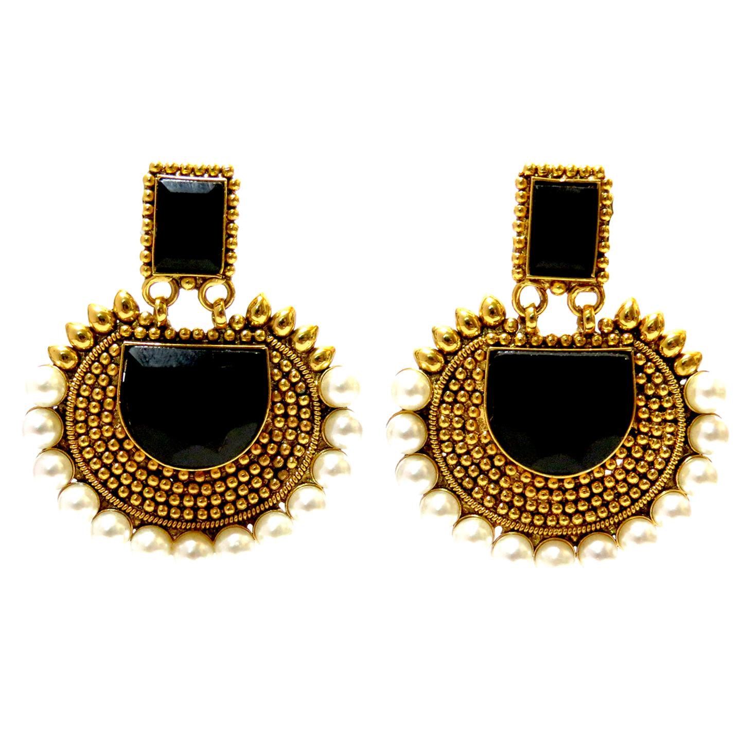 Rectangular Semicircle Stone Earrings - Black