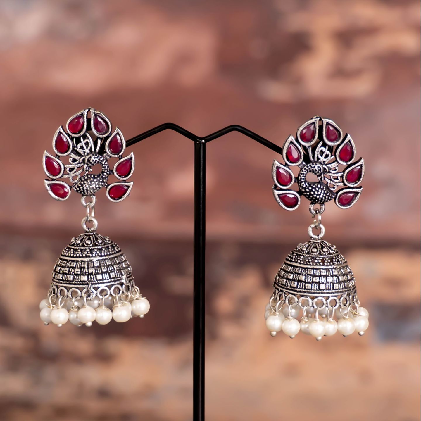 Red Drop Leaf Stone Peacock Top Jhumka