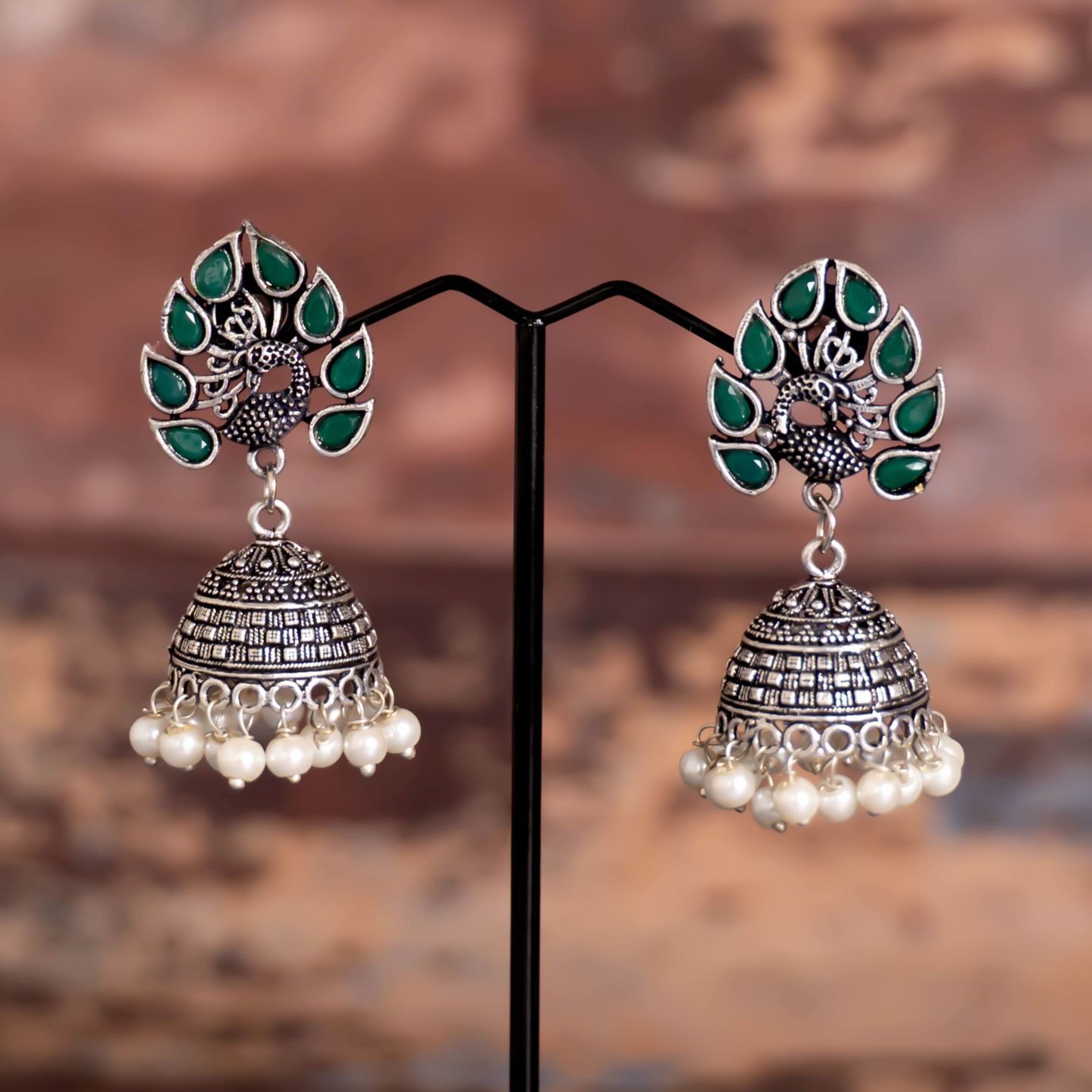 Green Drop Leaf Stone Peacock Top Jhumka
