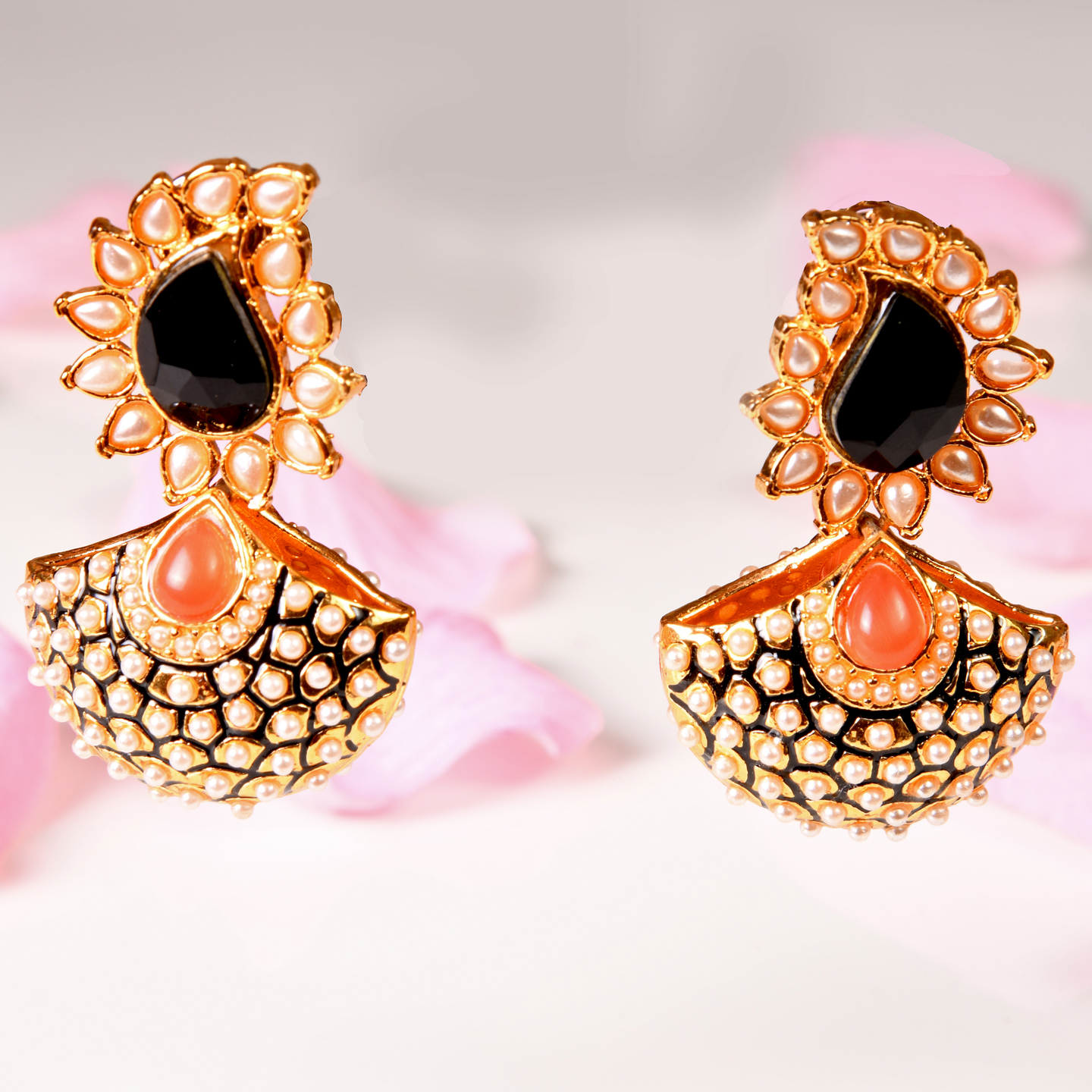 Pearl Stone Studded Paisely Drop Earring - Blue Orange