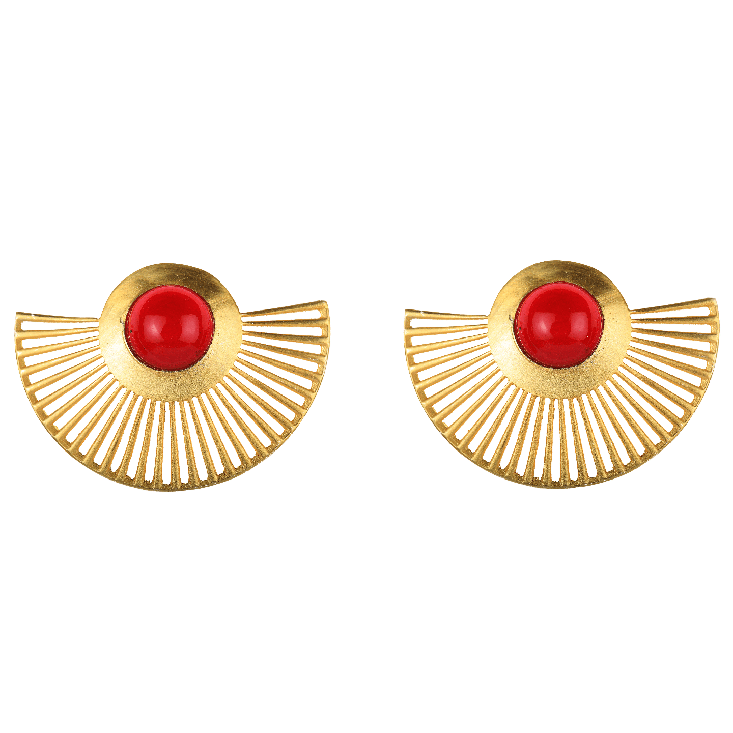 Stone Studded Fan Shaped Earrings - Red