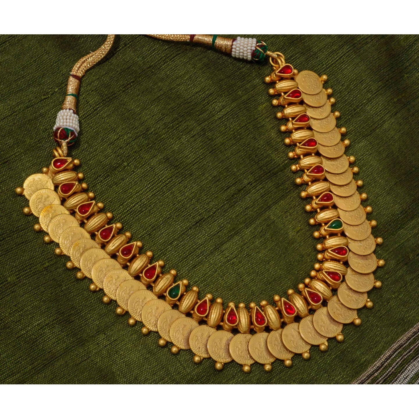 Red & Green Drop Gold Kasu Malai  - Wedding Collections