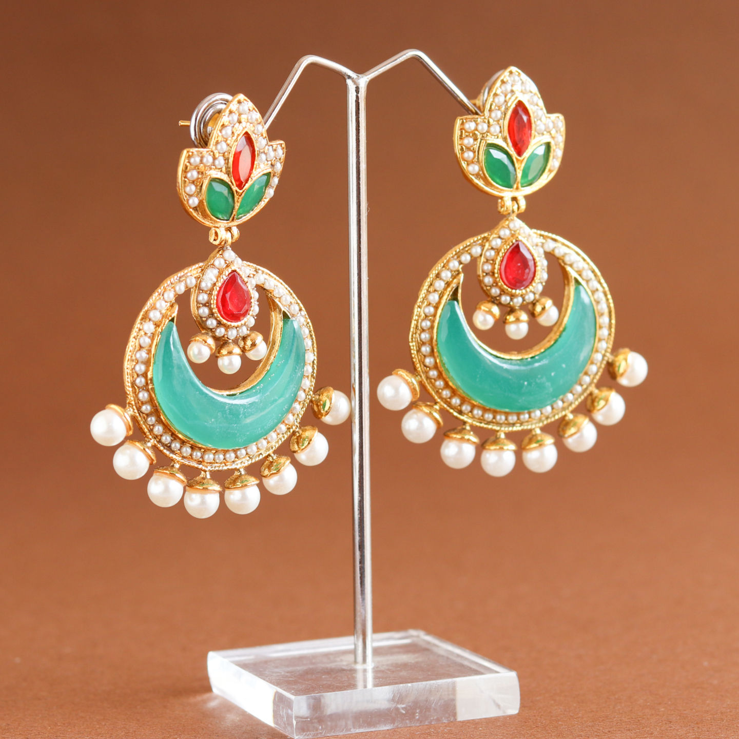 Green Red Floral Chandbali Dangler Earllings