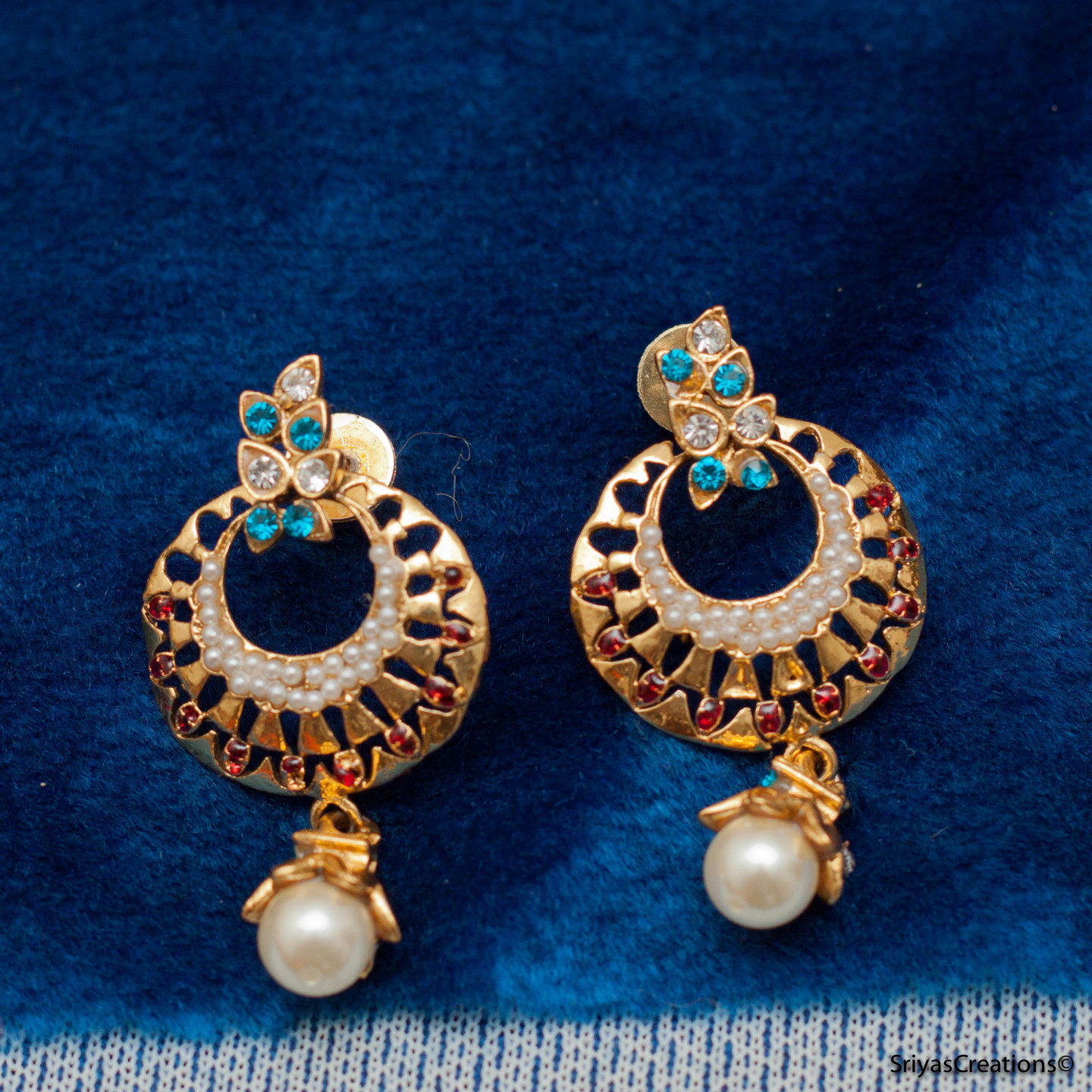 Blue Floral Chand Earrings - Small