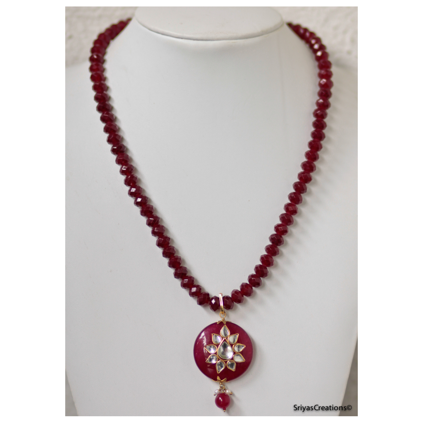 Red Stone & Kundan Studded Round Pendant Necklace Set