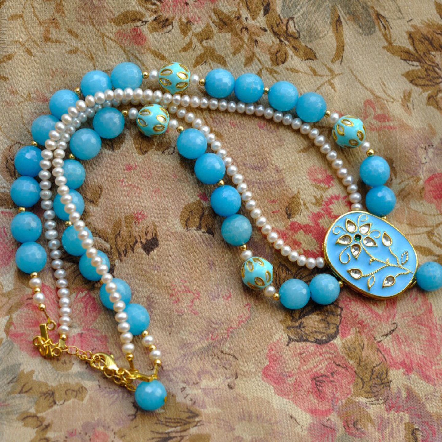 Sky Blue Agate and Pearl Kundan Necklace  Earring
