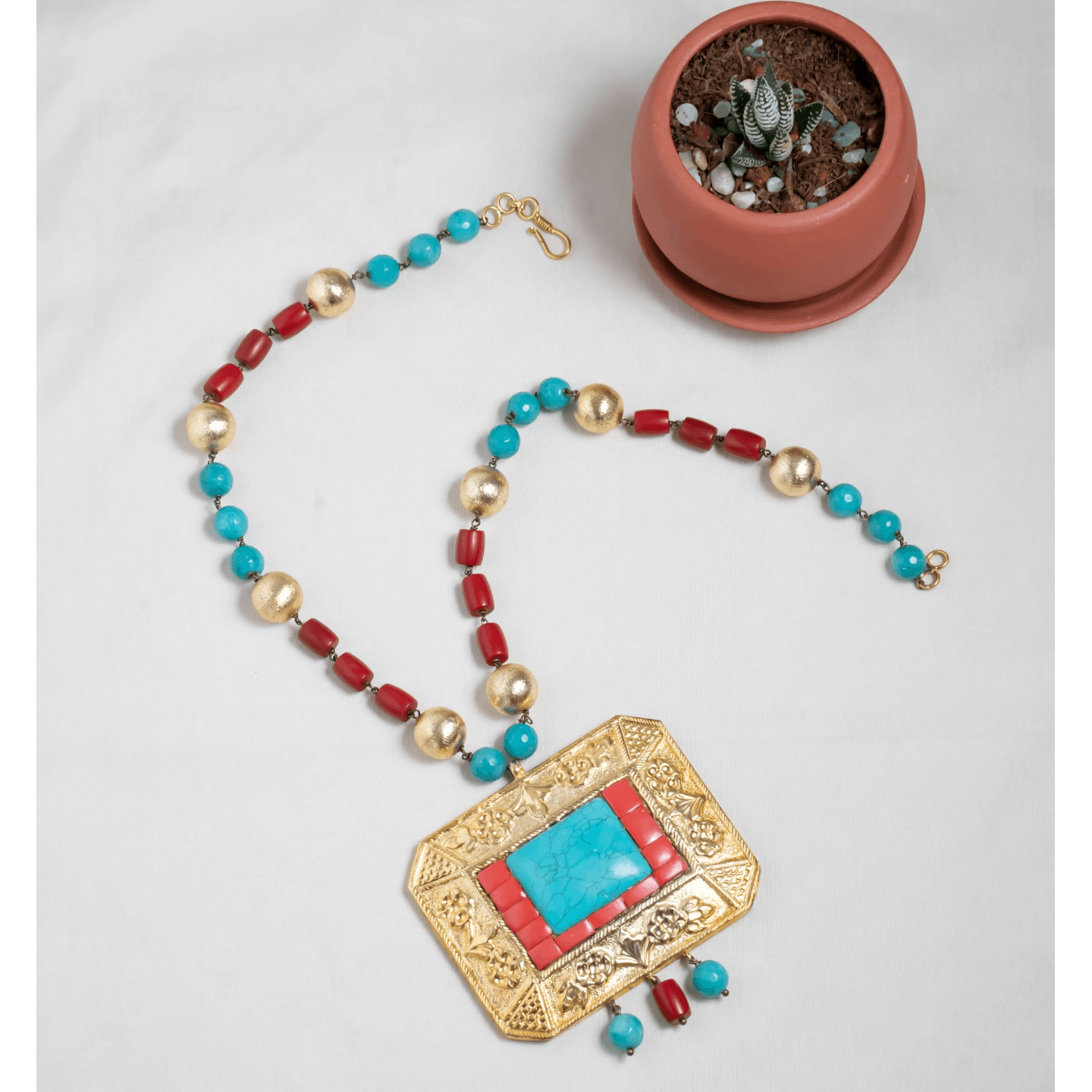 Turquoise Coral Tube Gold Beaded Designer Statement Neckpiece