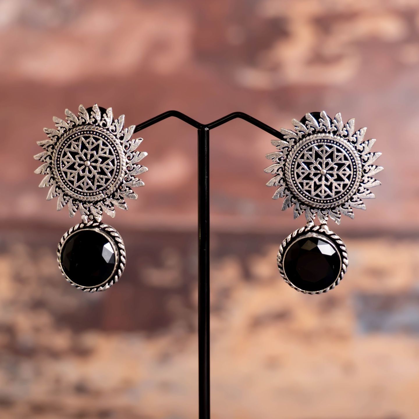 Black Silver Round Earrings
