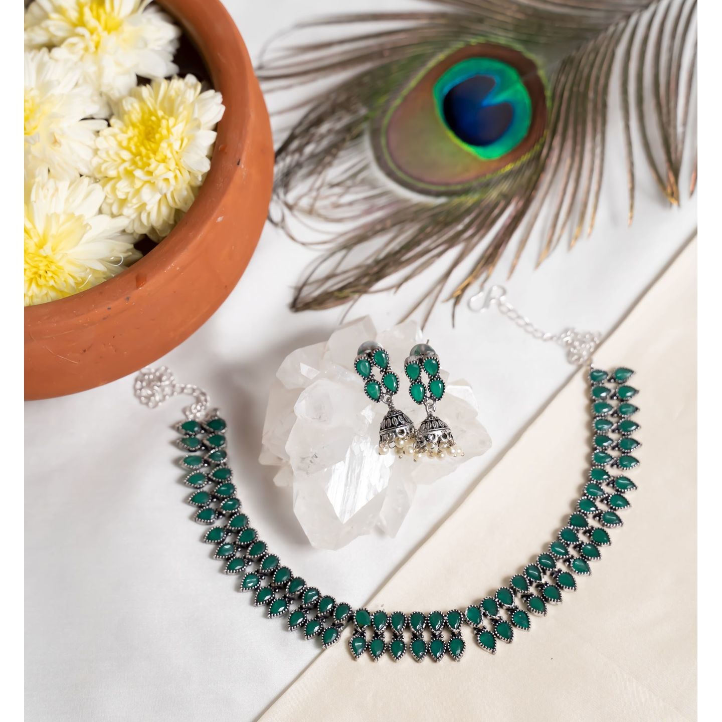 Green Drop Stone Two Layer Silver Tone Necklace Set