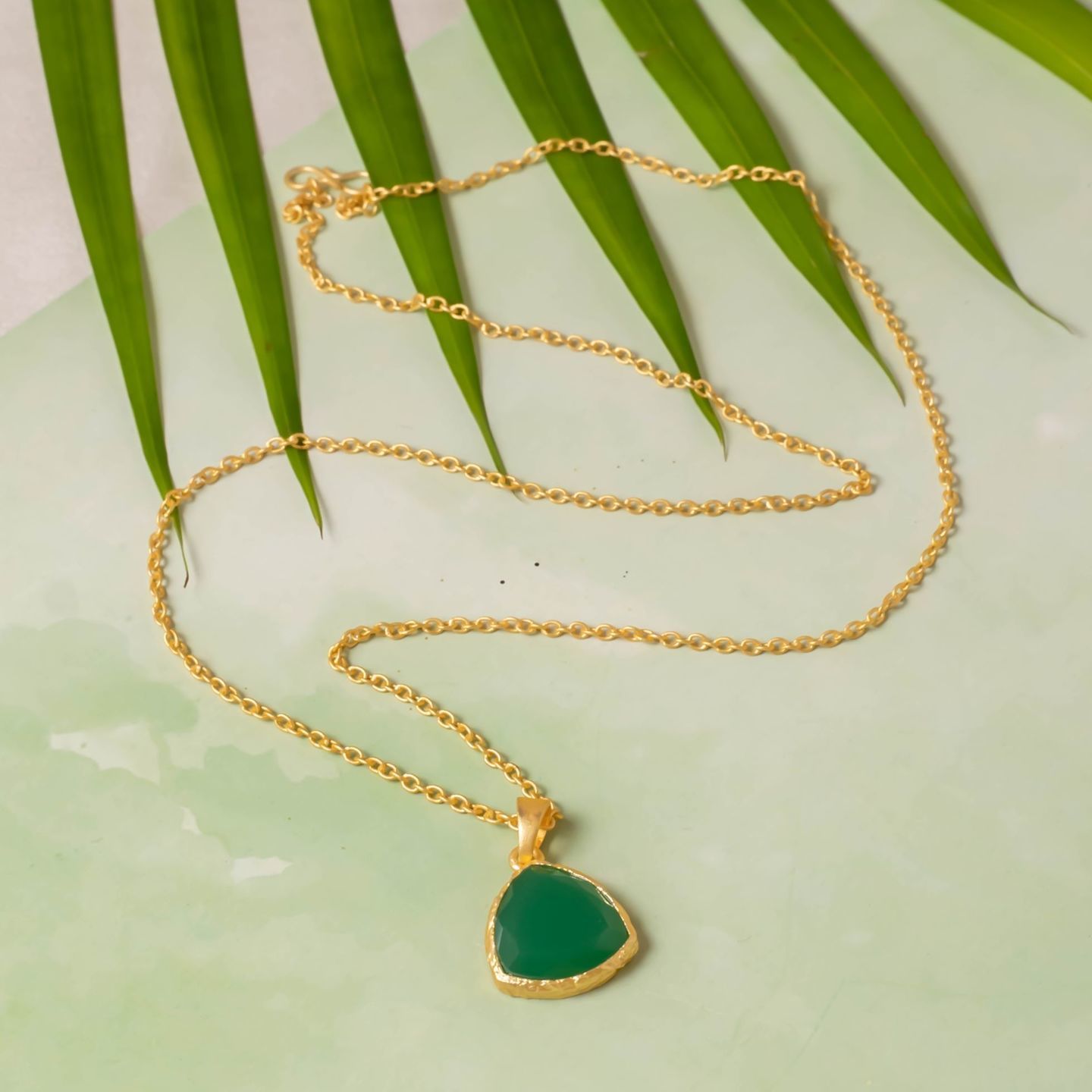 Leaf Green Stone Triangle Pendant Necklace