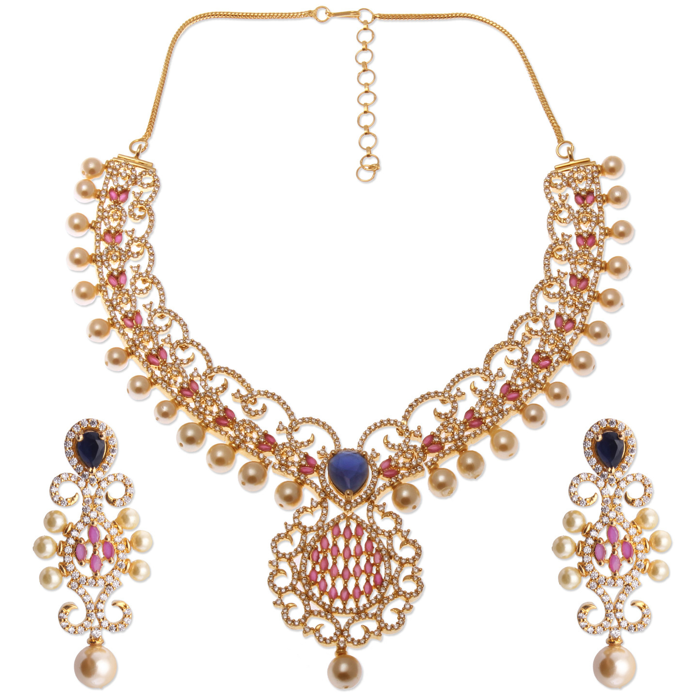 Blue Red Ad Stone and Pearl Layered Necklace