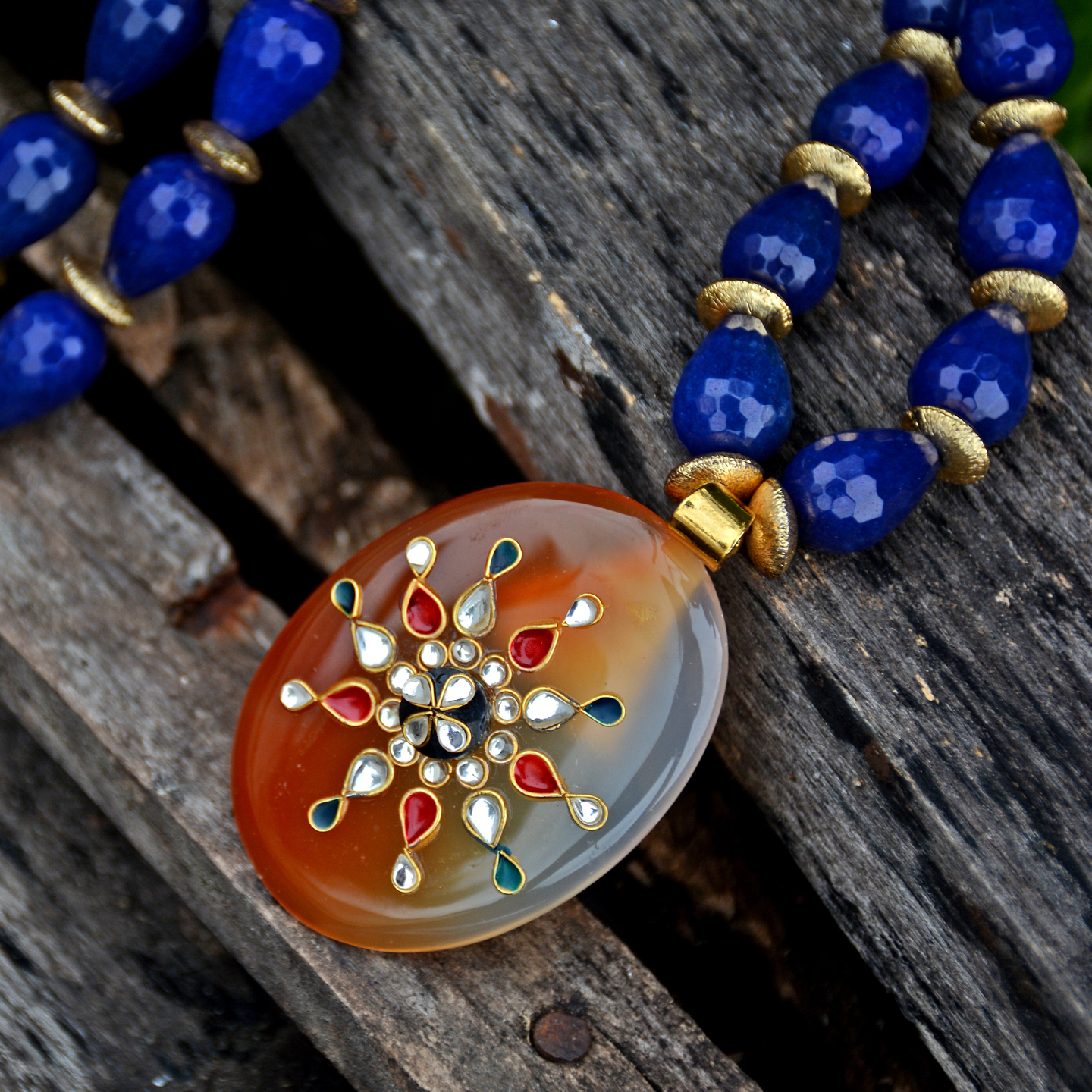 Orange Multi Color Kundan Embossed Blue Beaded Necklace