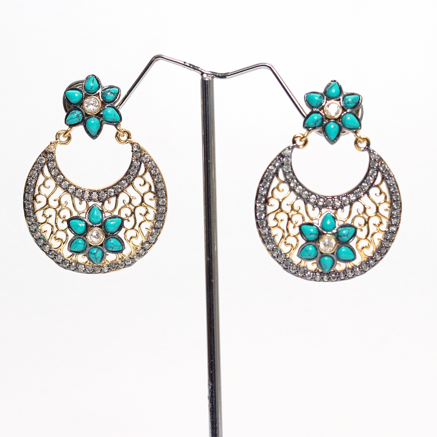 Turquoise Blue Floral Chand Earrings