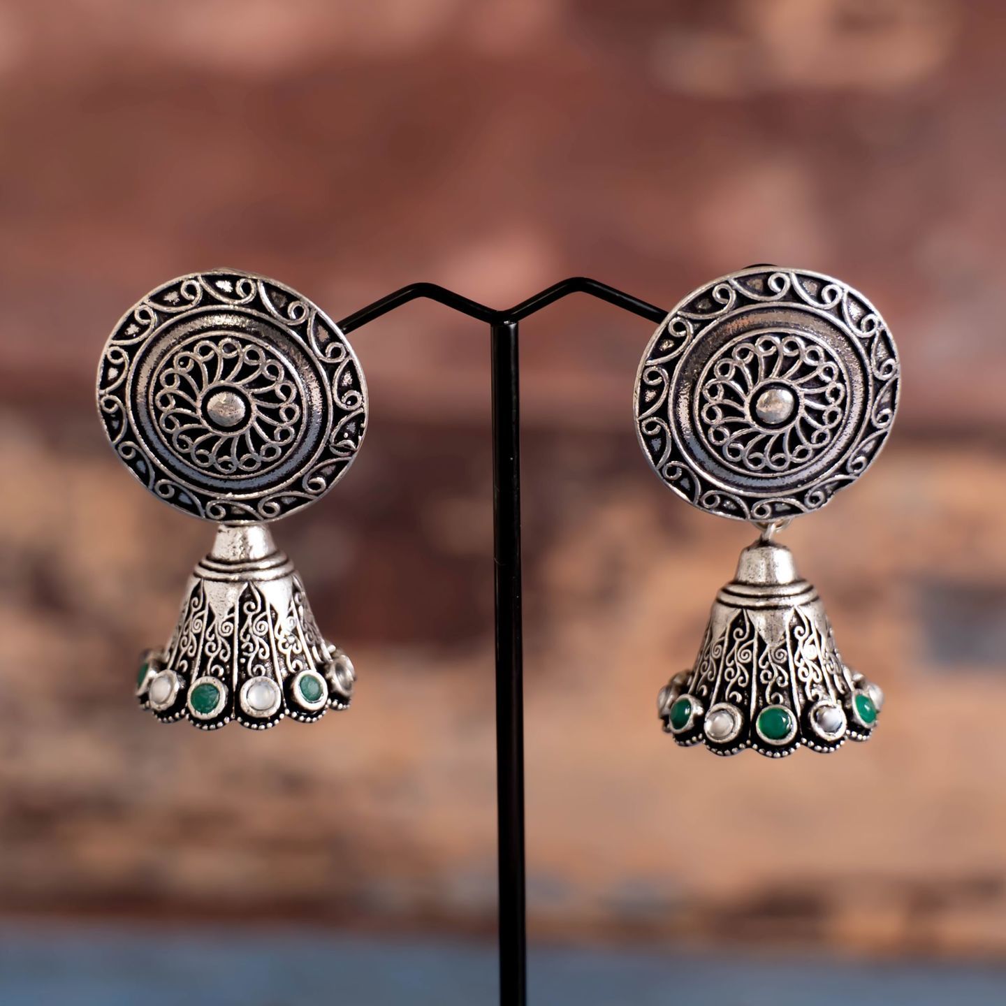 Round Top Green & White Stone Border Jhumka