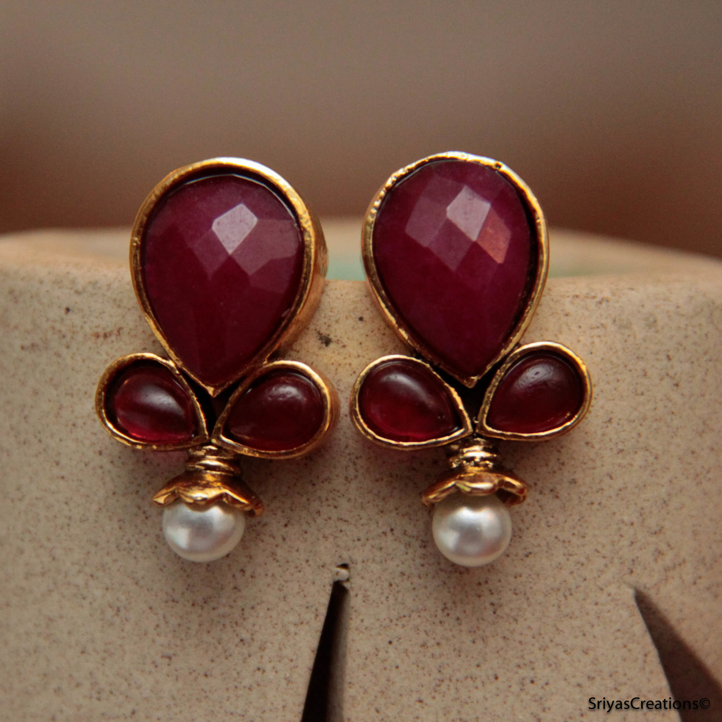 Three Red Drop Stud