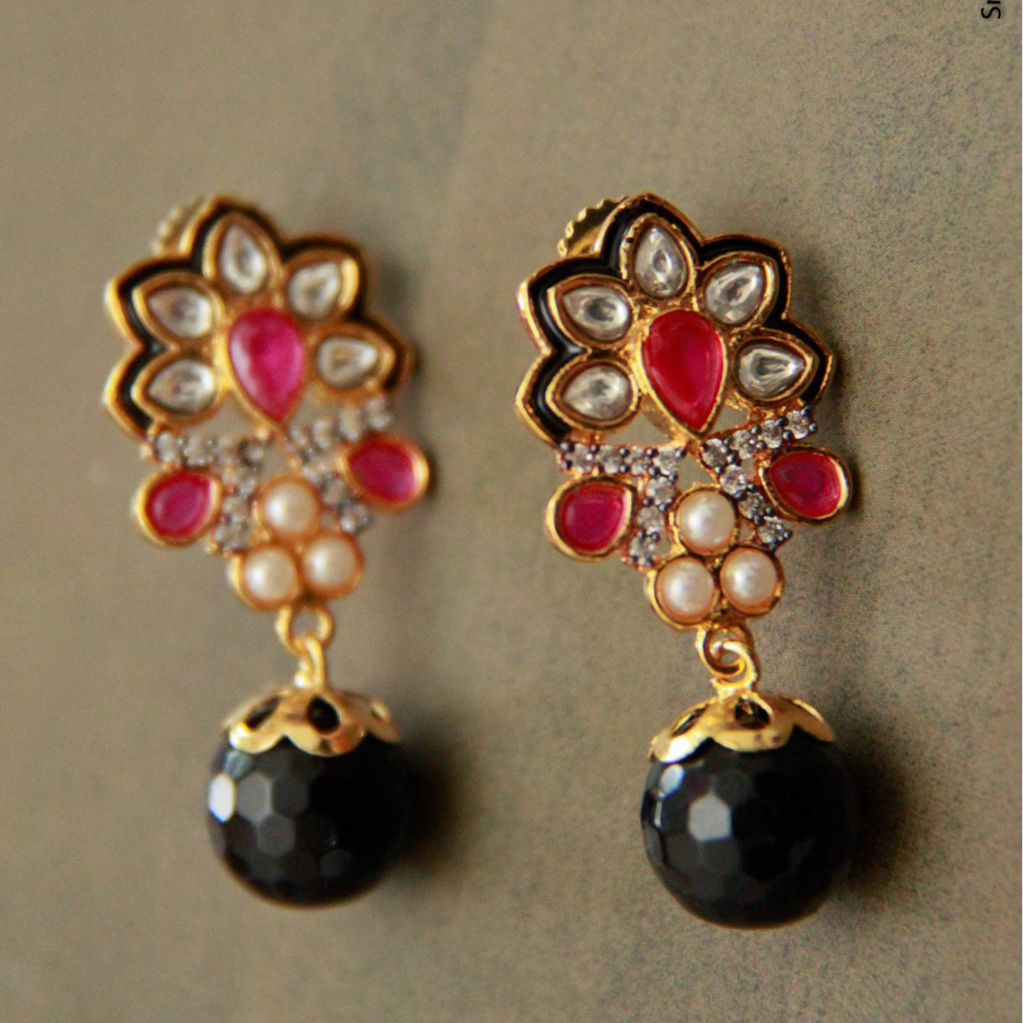 Pink Black Kundan Floral Earring
