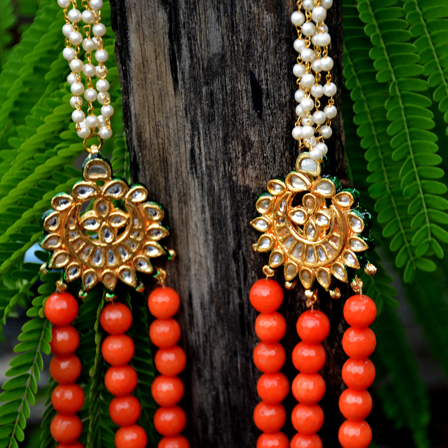Orange & Pearl Layered Kundan Side Pendant Necklace