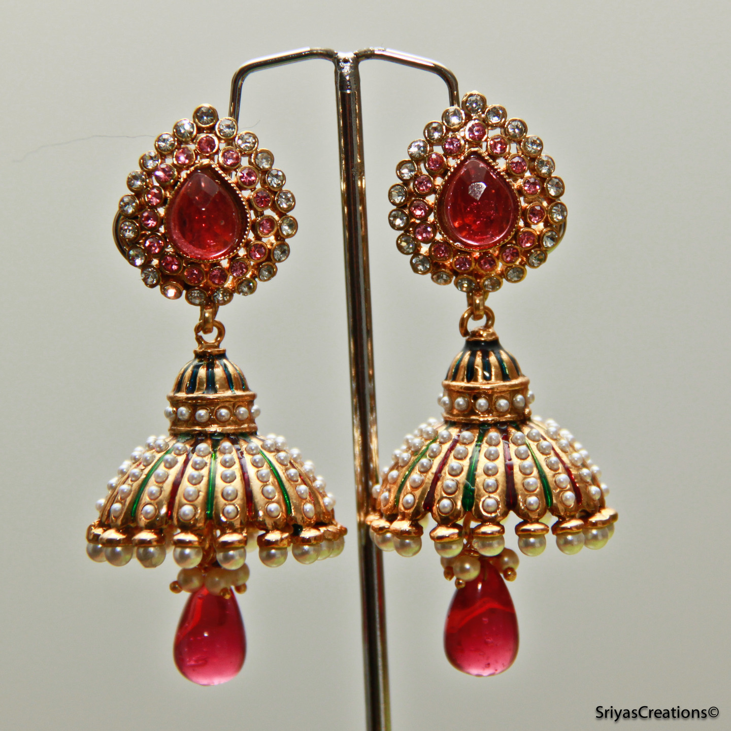 Pink Drop & Pearl Studded Jhumka