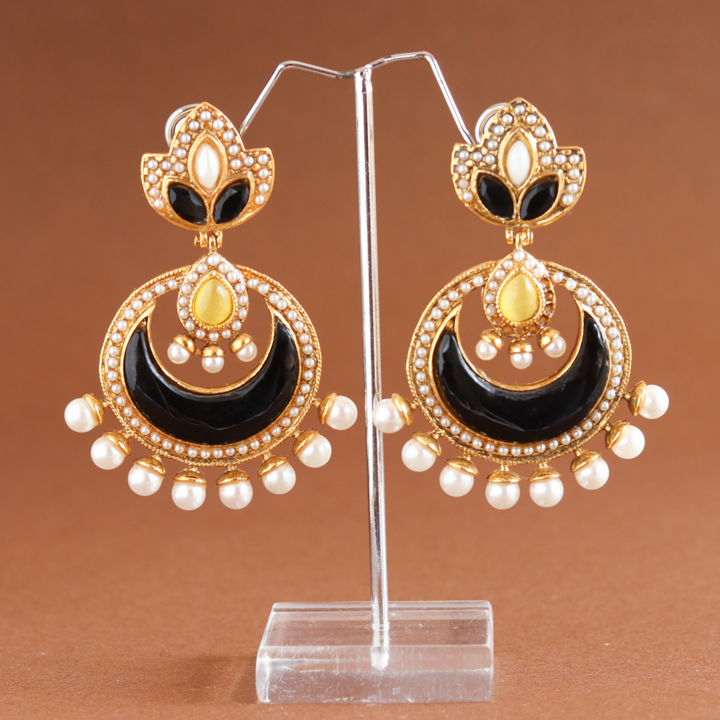 Black Yellow Floral Chandbali Dangler Earllings
