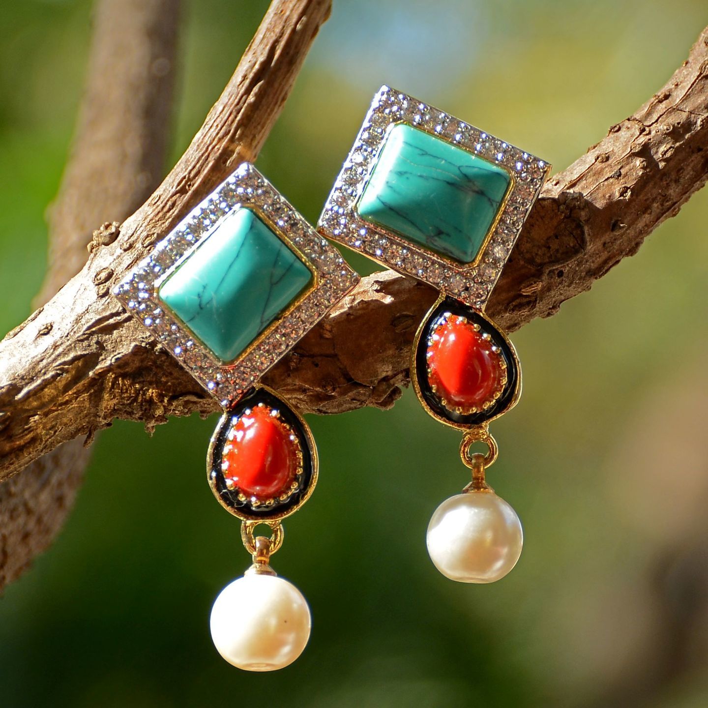 Turquoise Coral Square AD Pearl Drop