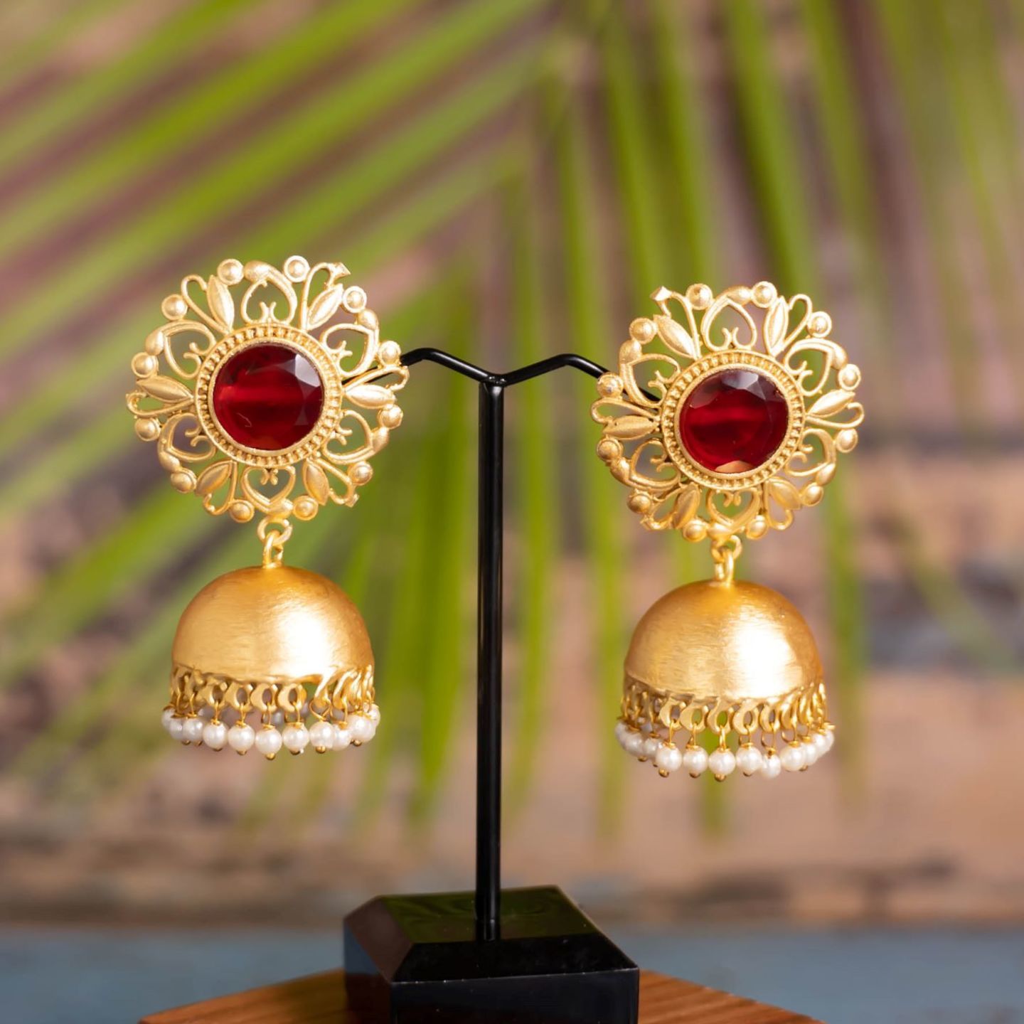 Red Stone Floral Top Jhumka