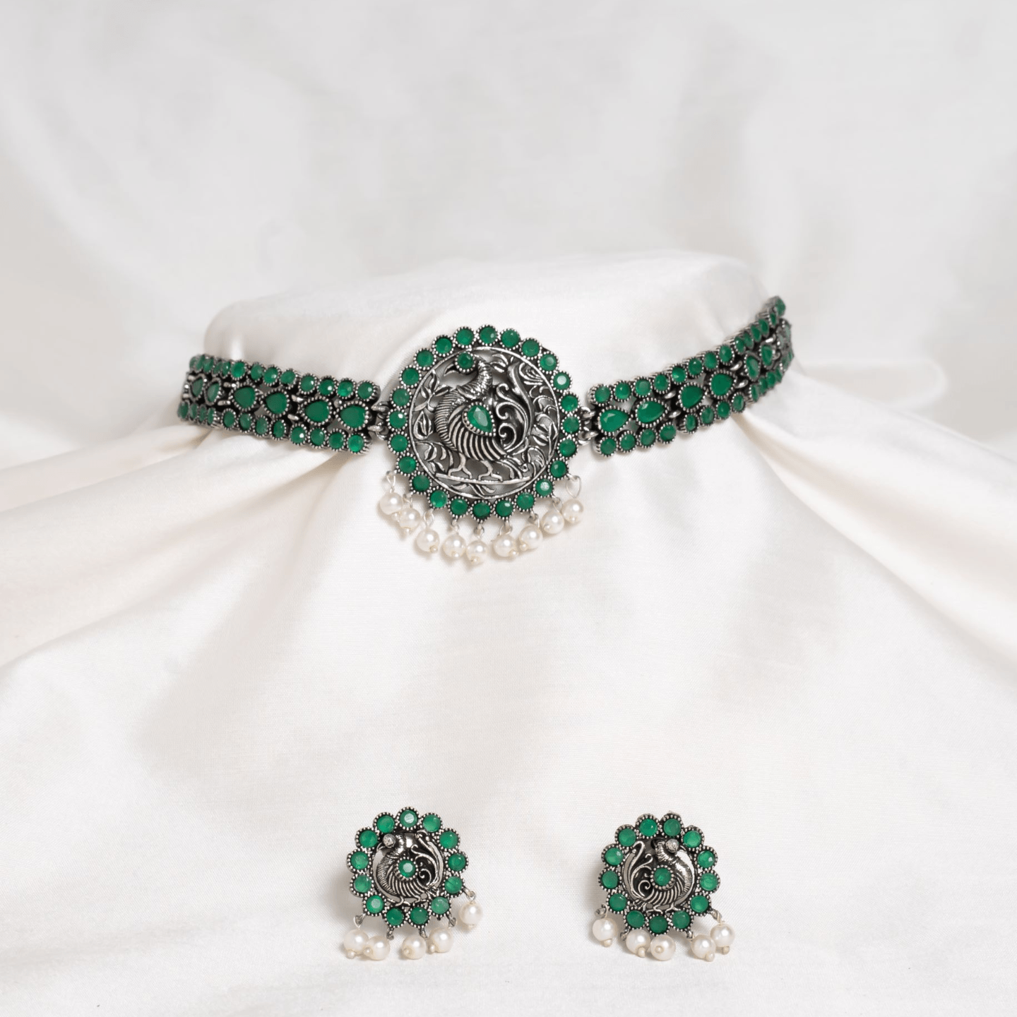 Green Stone  Studded PeacockDesign Necklace Set