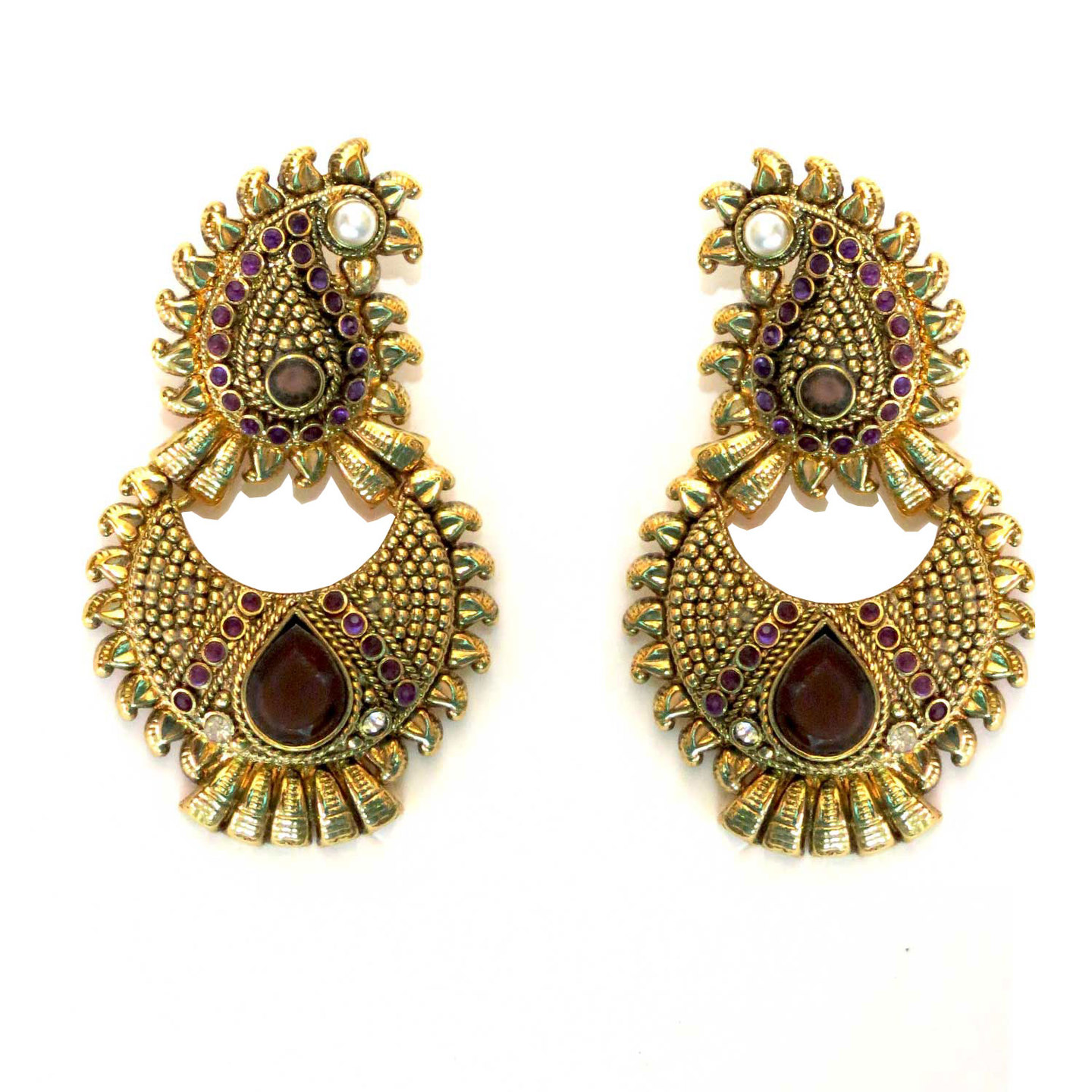 Paisley Stud Crescent Drop Earrings - Purple