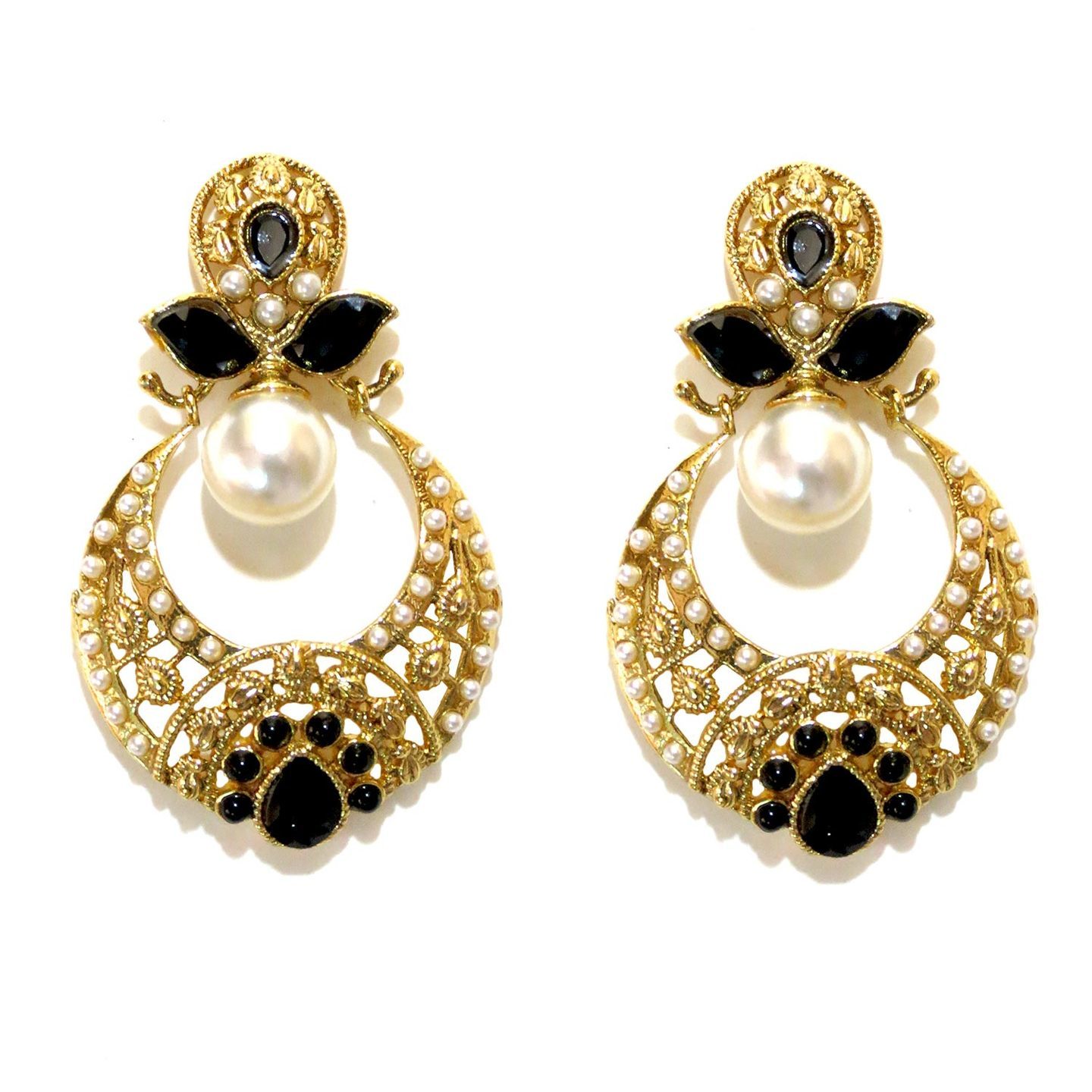 Black Stones Cutwork Drop Earrings