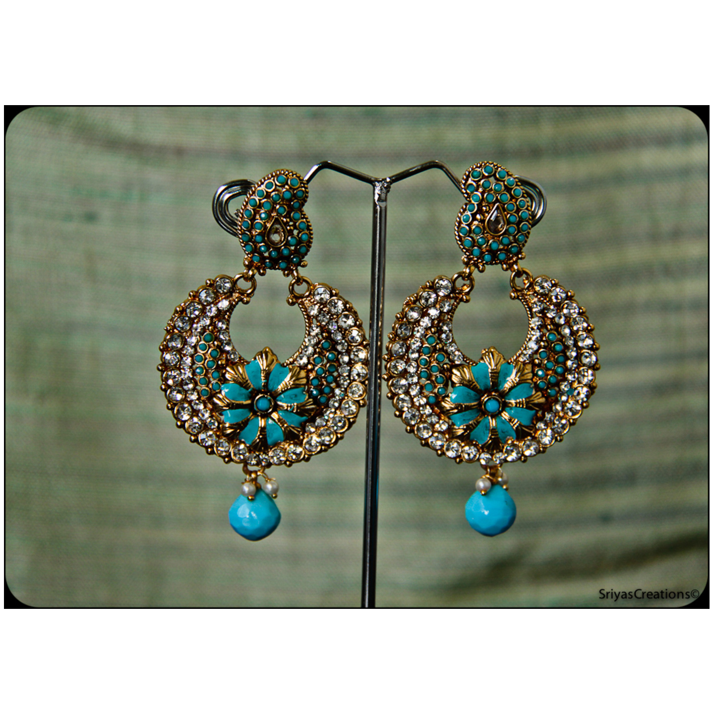 Turquoise Mango Round Floral Meenakari Danglers