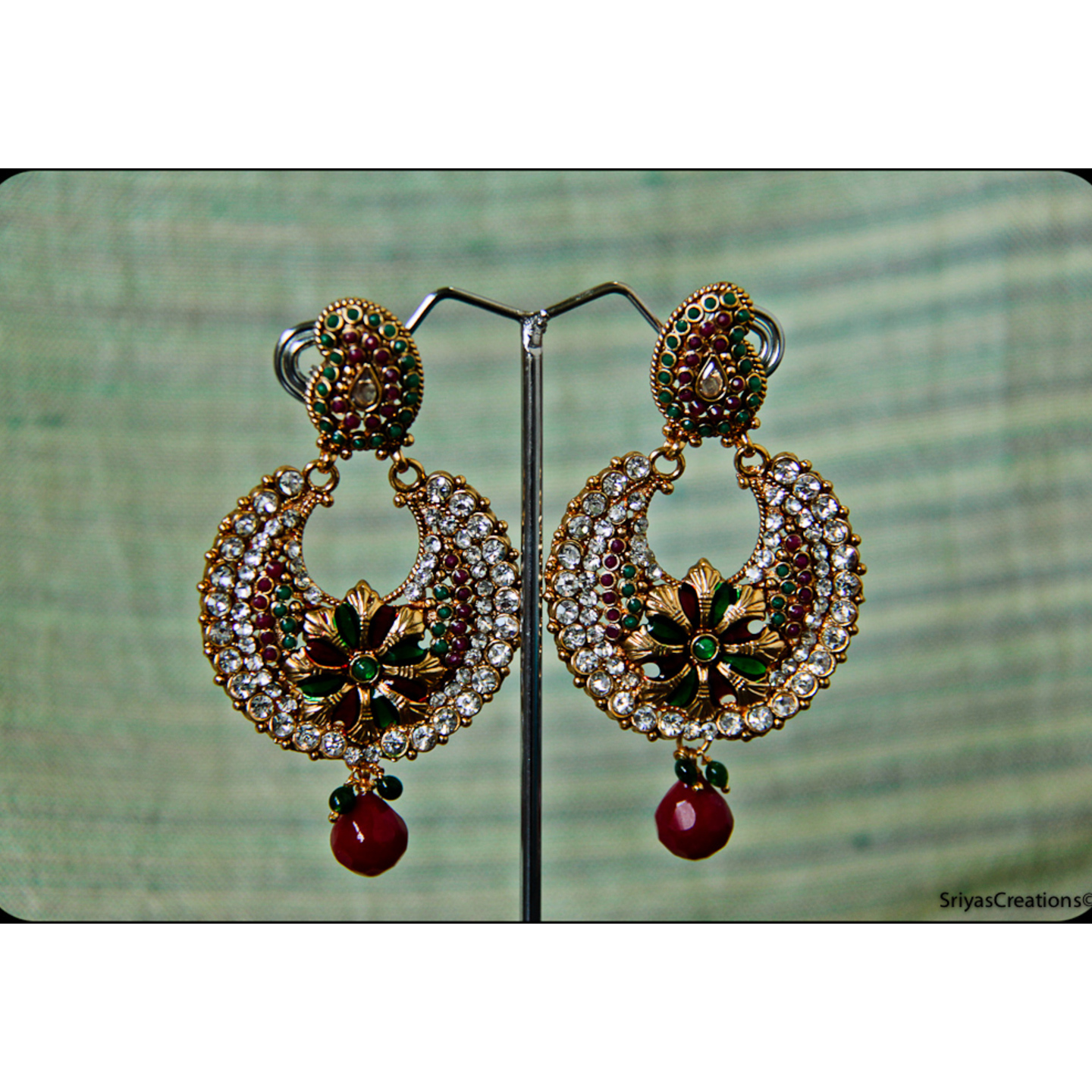 Red & Green Mango Round Floral Meenakari Danglers