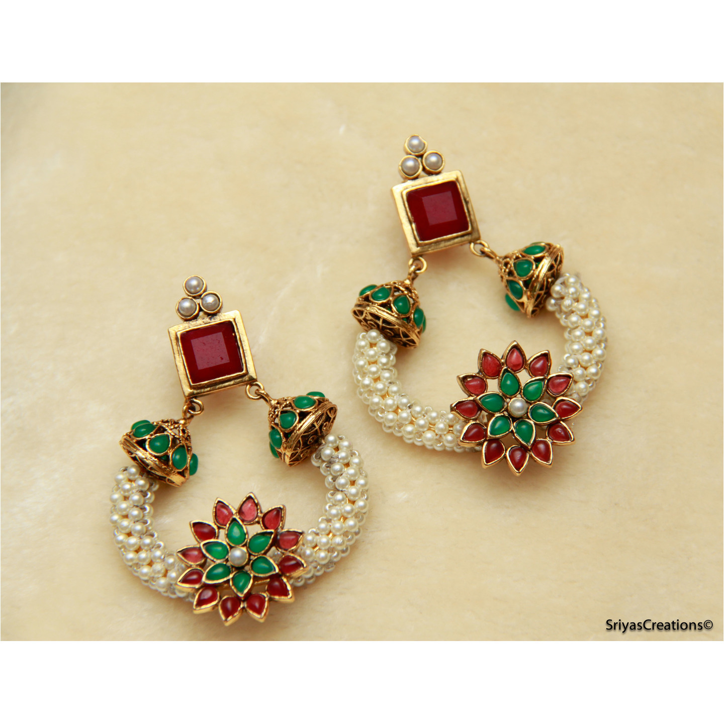 Red Green Pearl floral Round Square Earrings