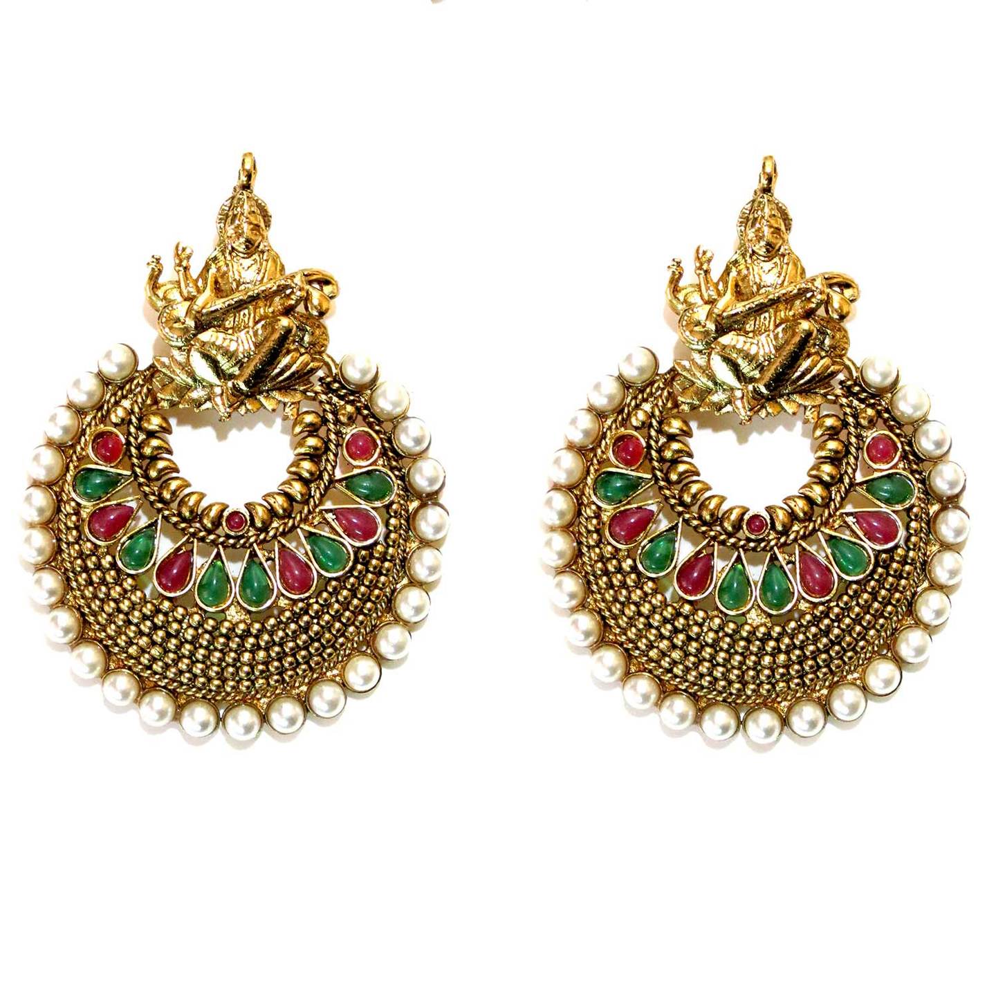 Indian Mythology Pearl Lined Earrings - Red & Green