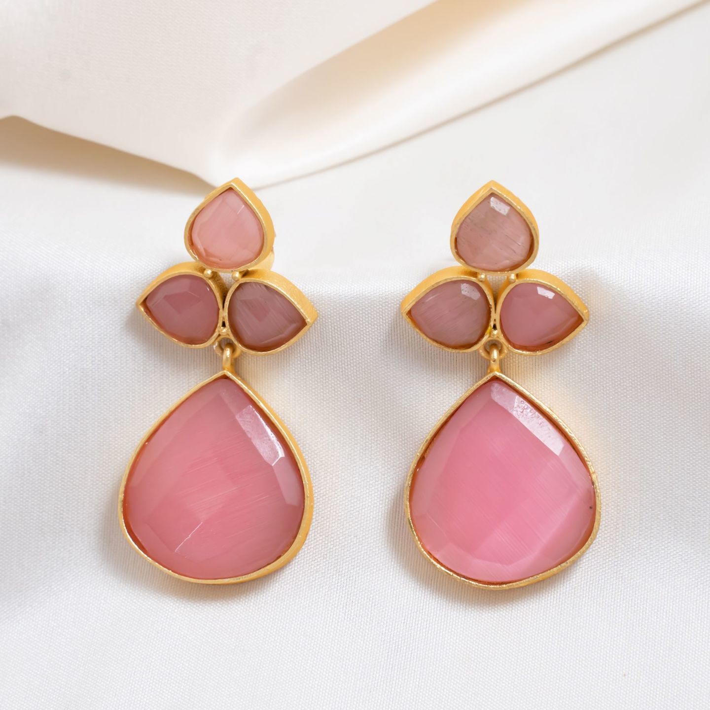 Pink Three Leaf Stone Drop Danglers