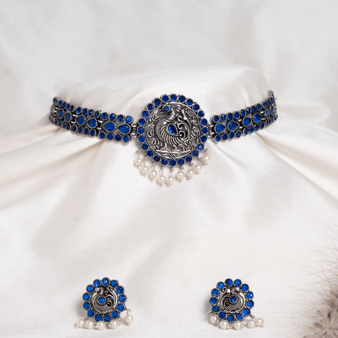 Blue Stone  Studded PeacockDesign Necklace Set