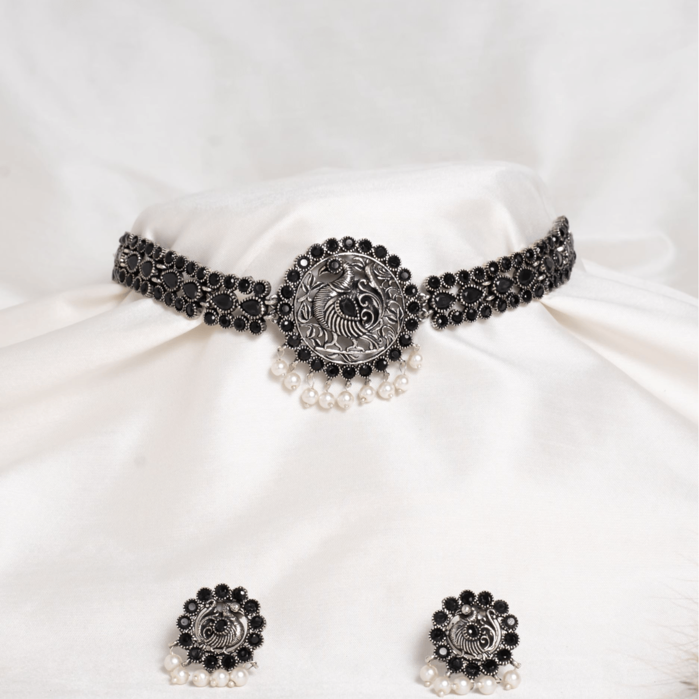 Black Stone  Studded PeacockDesign Necklace Set