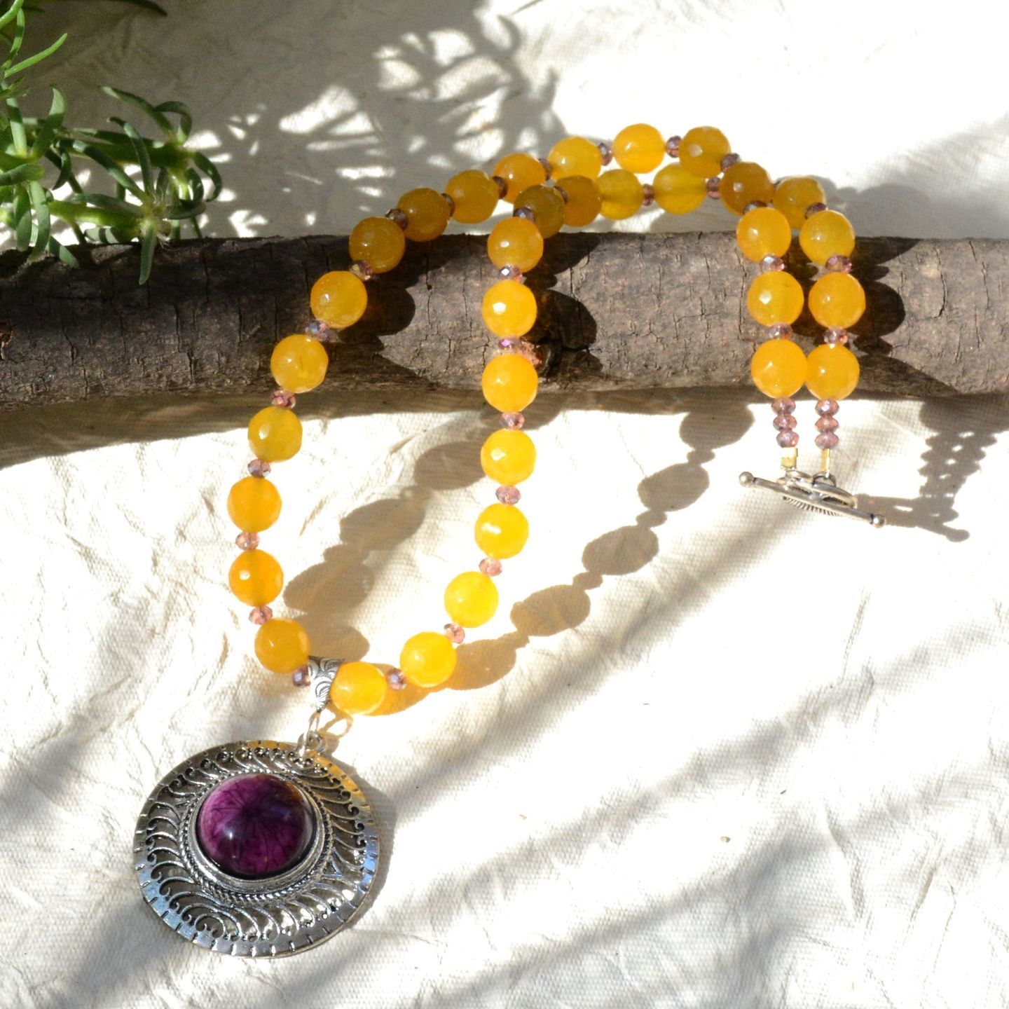 Round Purple Yellow Silver Tone Gemstone Handmade Necklace