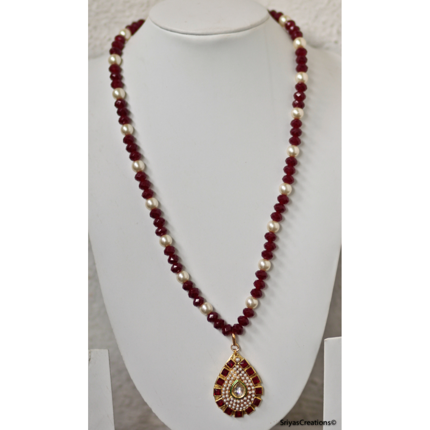 Red & Pearl Drop Pendant Handmade Necklace