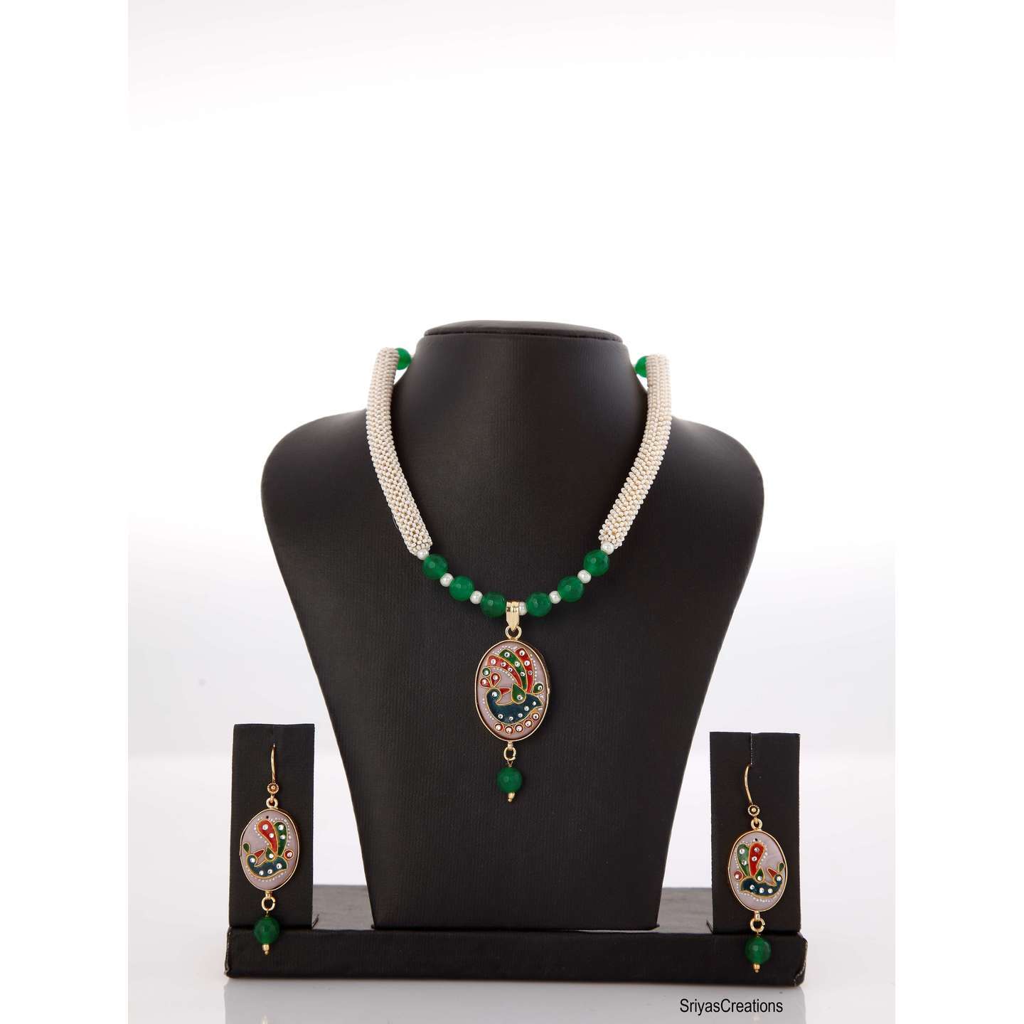 Lilac Tanjore Painted Handmade Genstone NEcklace