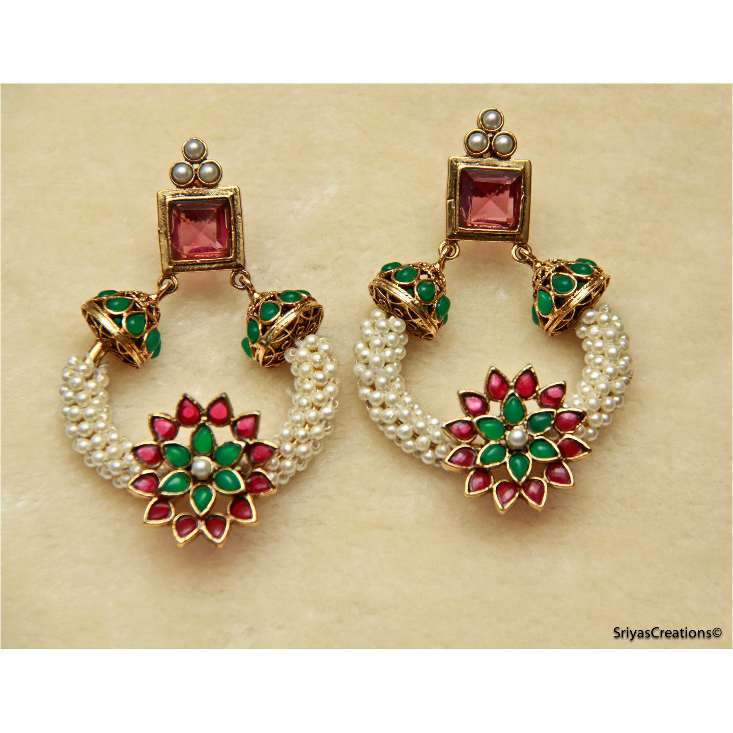 Pink Green Pearl floral Round Square Earrings