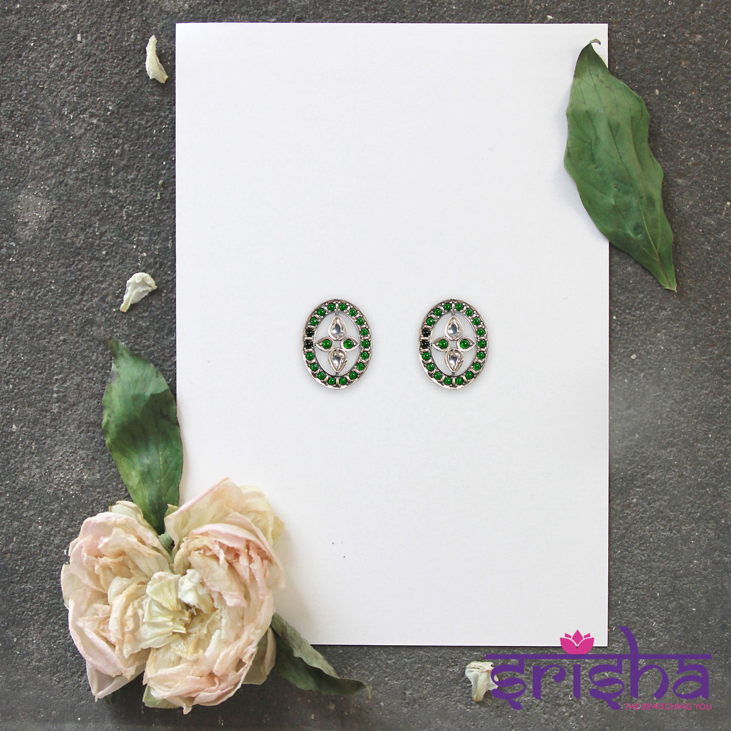 Green Round Floral Stud Silver