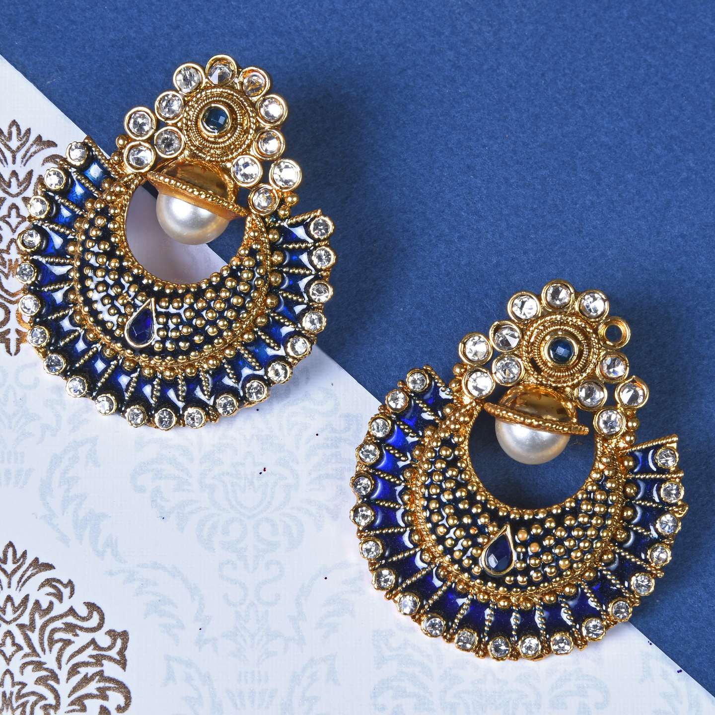 Blue Polki Moon Shaped Earrings