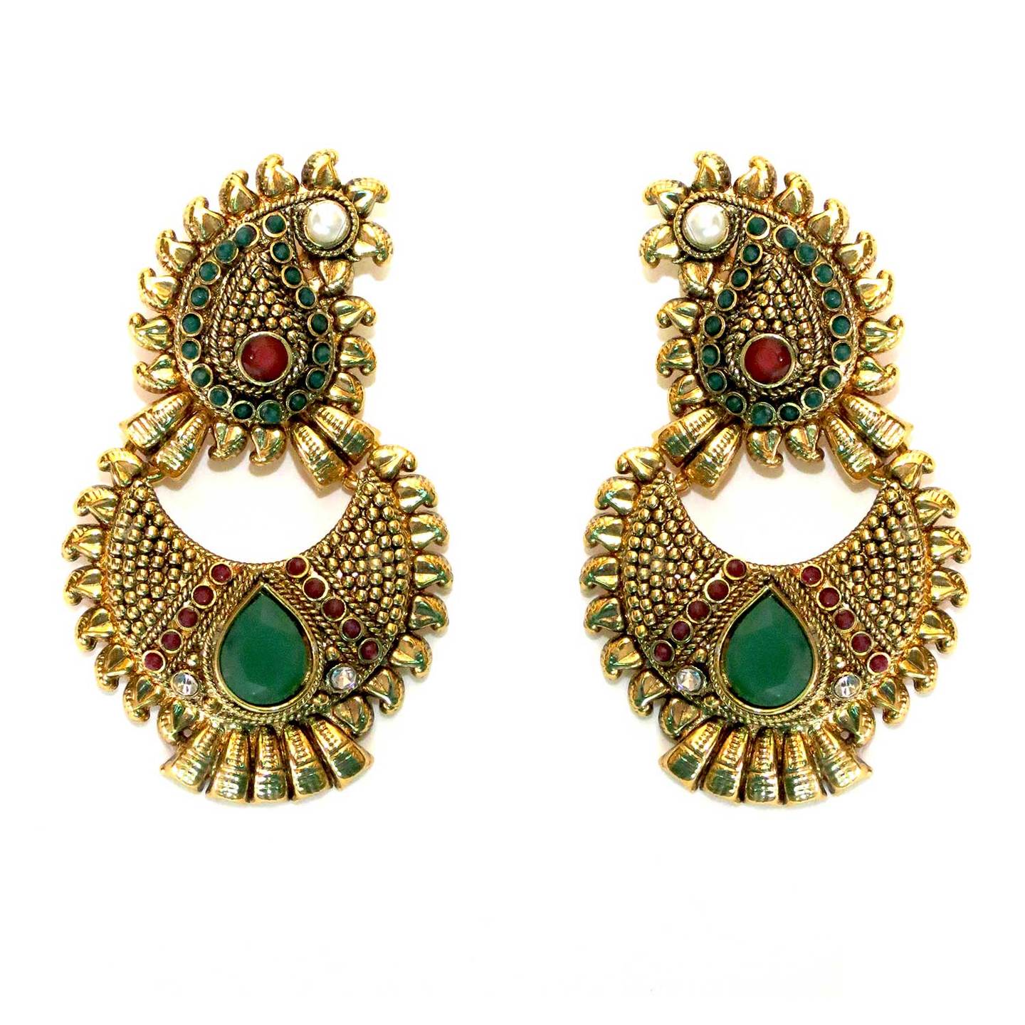 Paisley Stud Crescent Drop Earrings - Green & Red