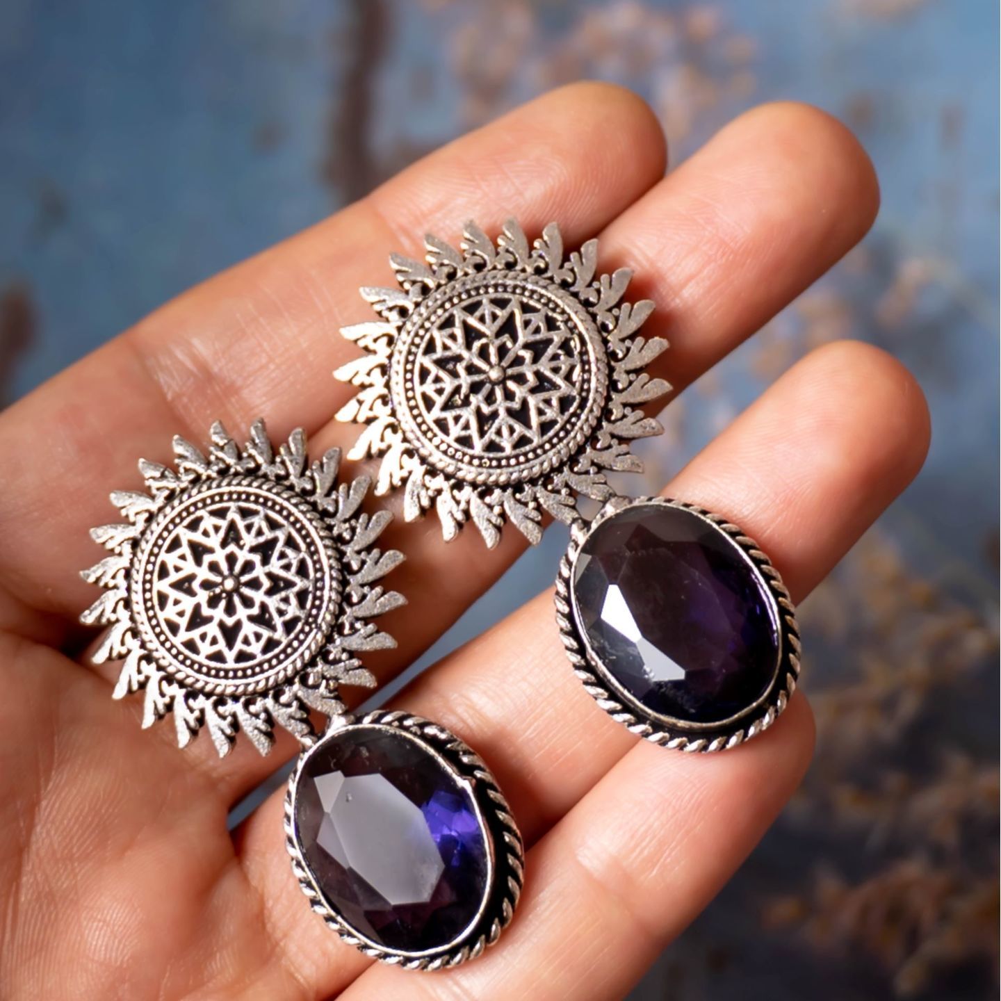 Purple Silver Round Earrings