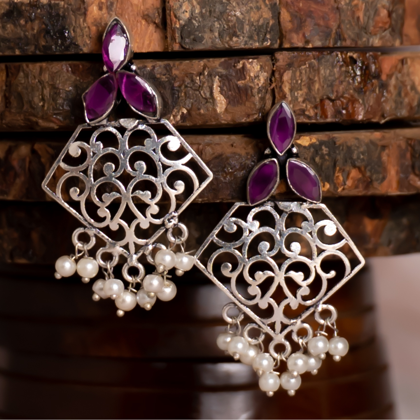 Pinkish Red Three Stone Silver Jali Earrings