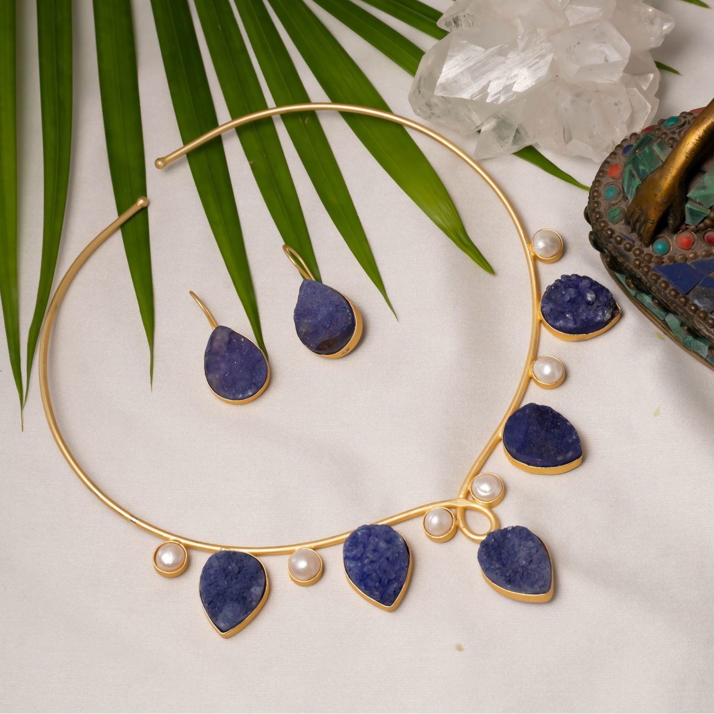 Blue Pearl Drop Choker Necklace Set