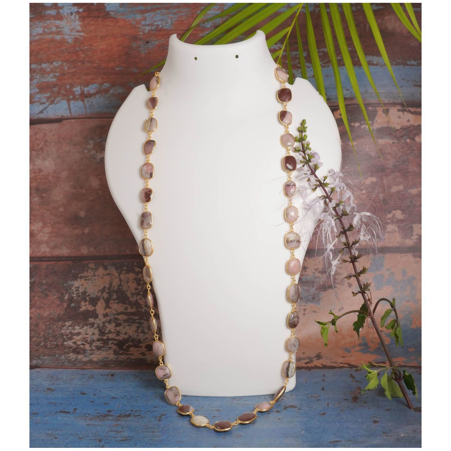 Wine Brownish Pinkinsh  Long Gold Tone Necklace