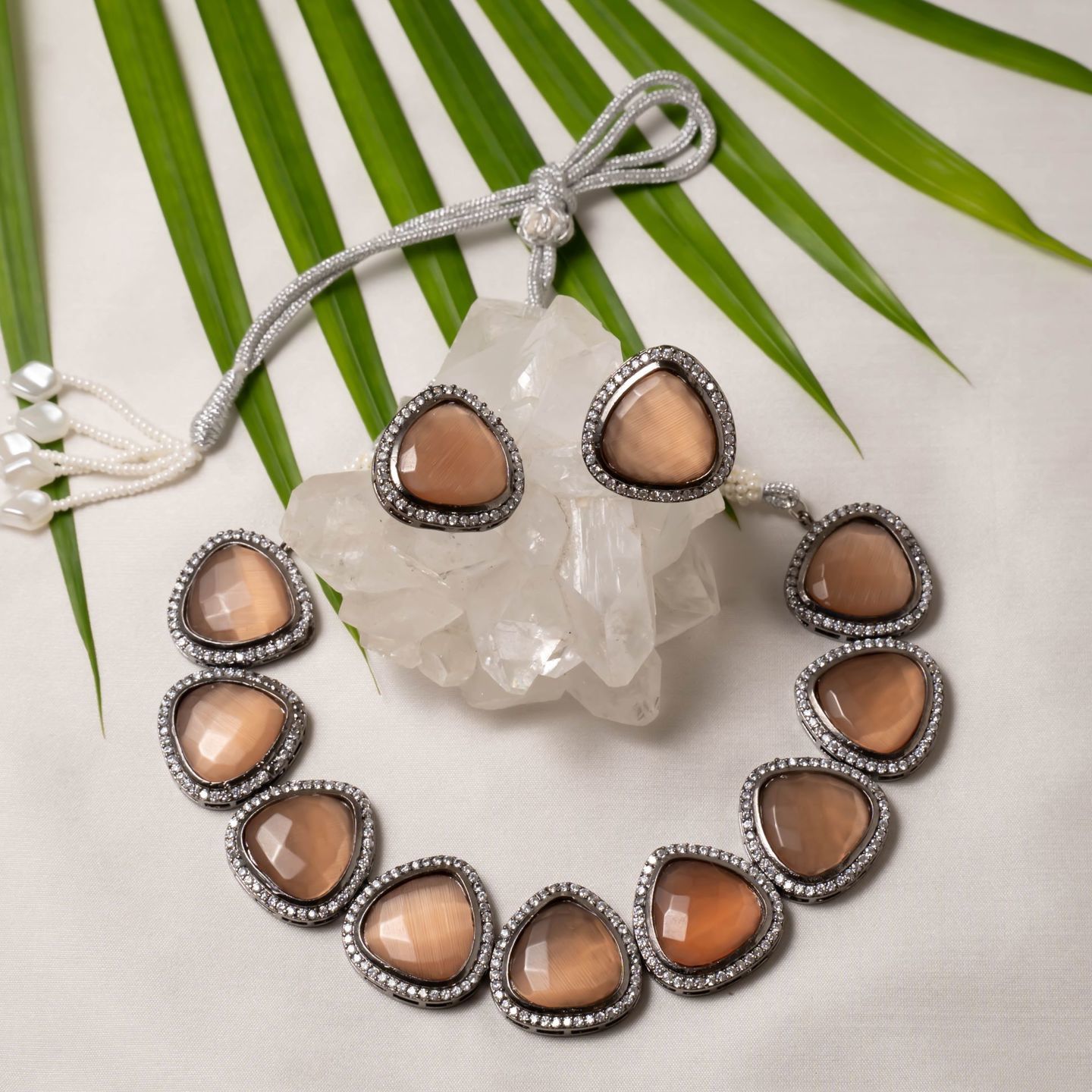 Orange Triangle Stone Ad Silver Tone Necklace Set